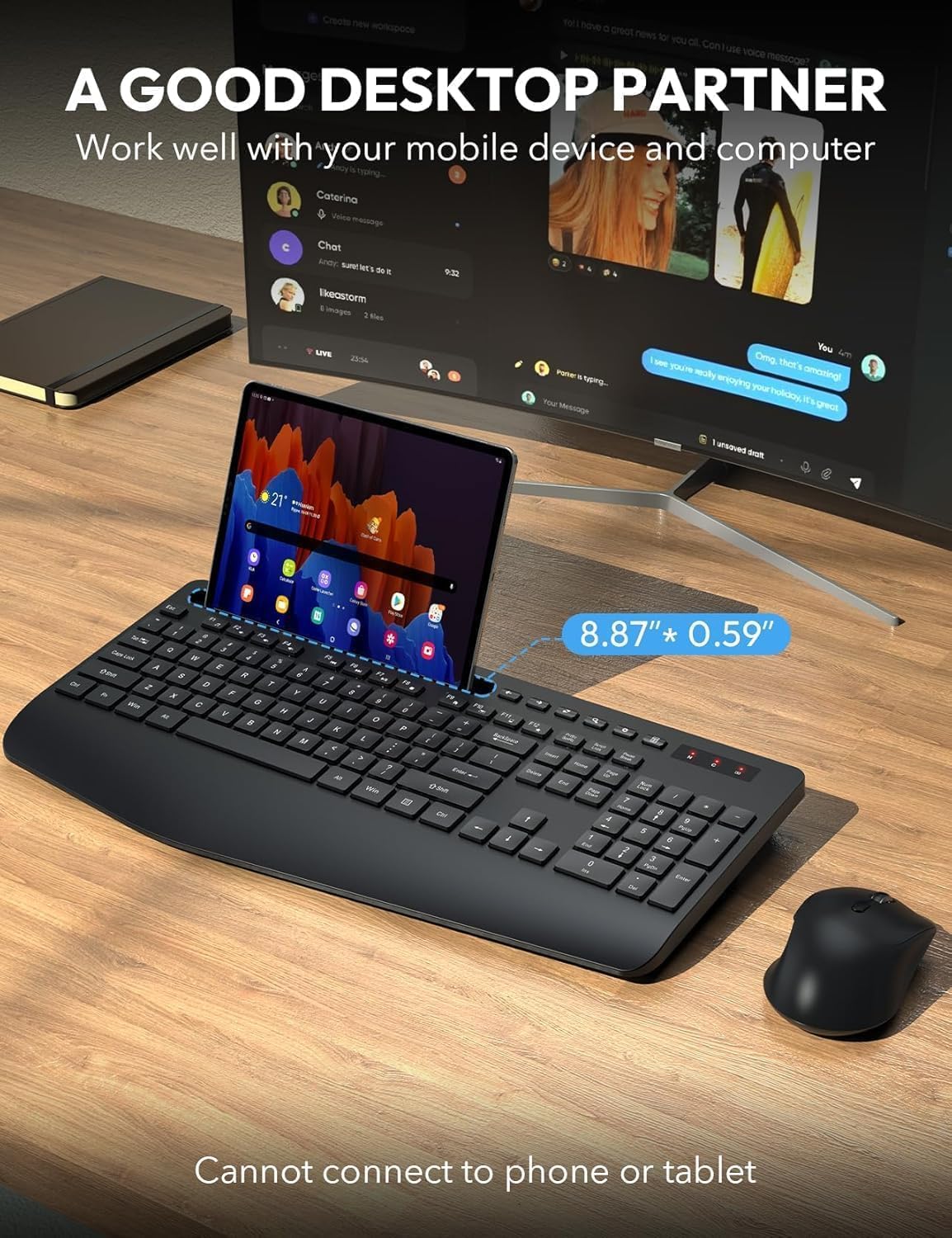 Wireless Keyboard and Mouse Combo - Full Size Ergonomic Wrist Rest, Silent Typing, Phone Holder, 2.4 GHz, 3 Level DPI, Batteries Powered, KM23D Set Compatible with PC, Laptop, Windows, macOS -SABLUTE