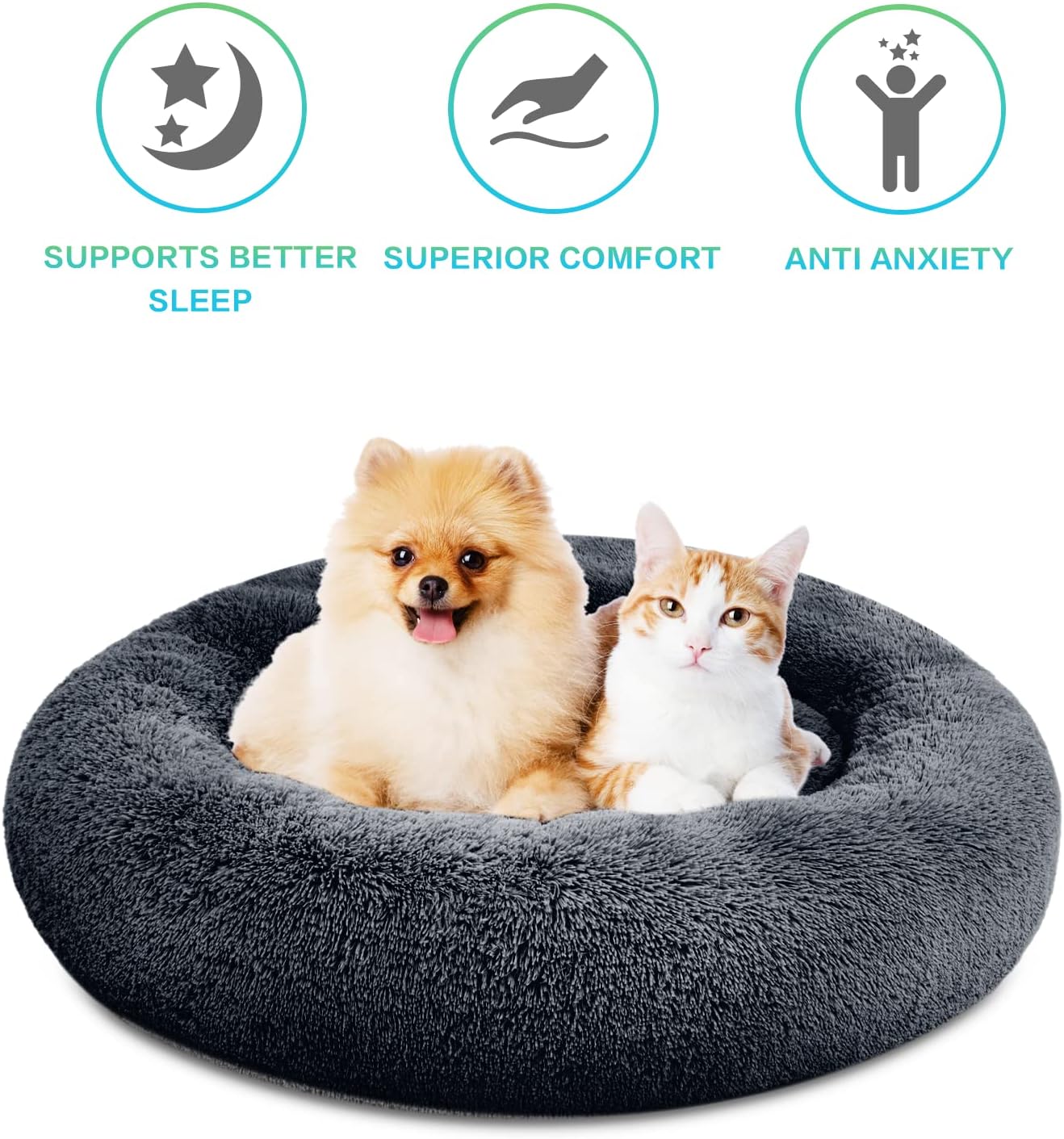 SAVFOX 45 inches Calming Donut Dog Bed - 3X Durable Plush Faux Fur, Machine Washable & Non-Slip, Fits up to 150 lbs, Dark Grey