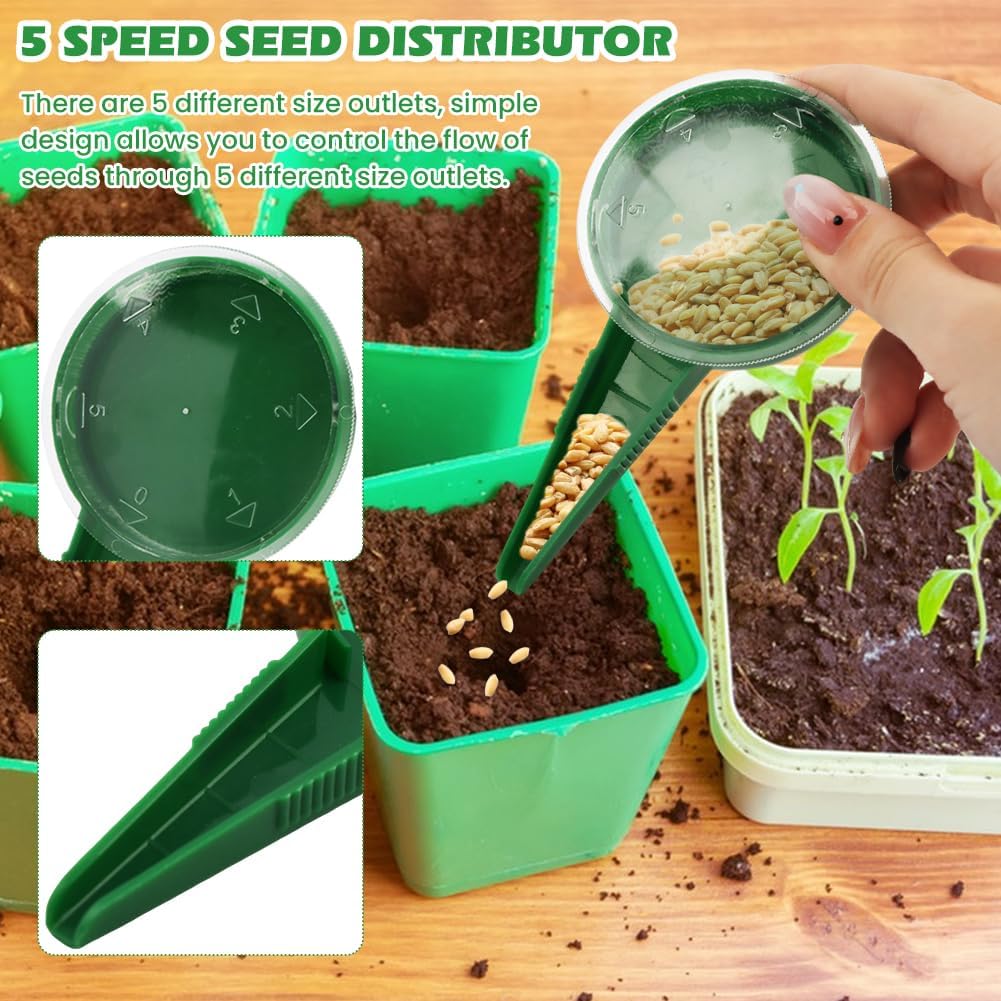 7 Piece Mini Seed Spreader Tool Set - Garden Planting Equipment with Hand Seed Dispenser Tools, Dibber Widger, Gloves for Small Seeds, Carrots, Lettuce, Herbs