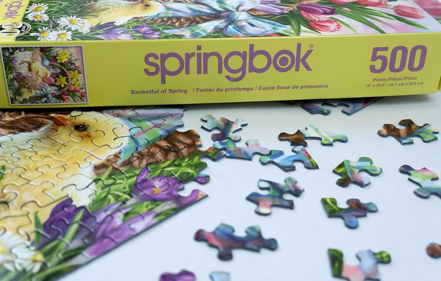 Springbok Basket Full of Spring 500 Piece Jigsaw Puzzle for Adults and Family - Easter Eggs and Chicks - Unique Cut Pieces - Made in USA
