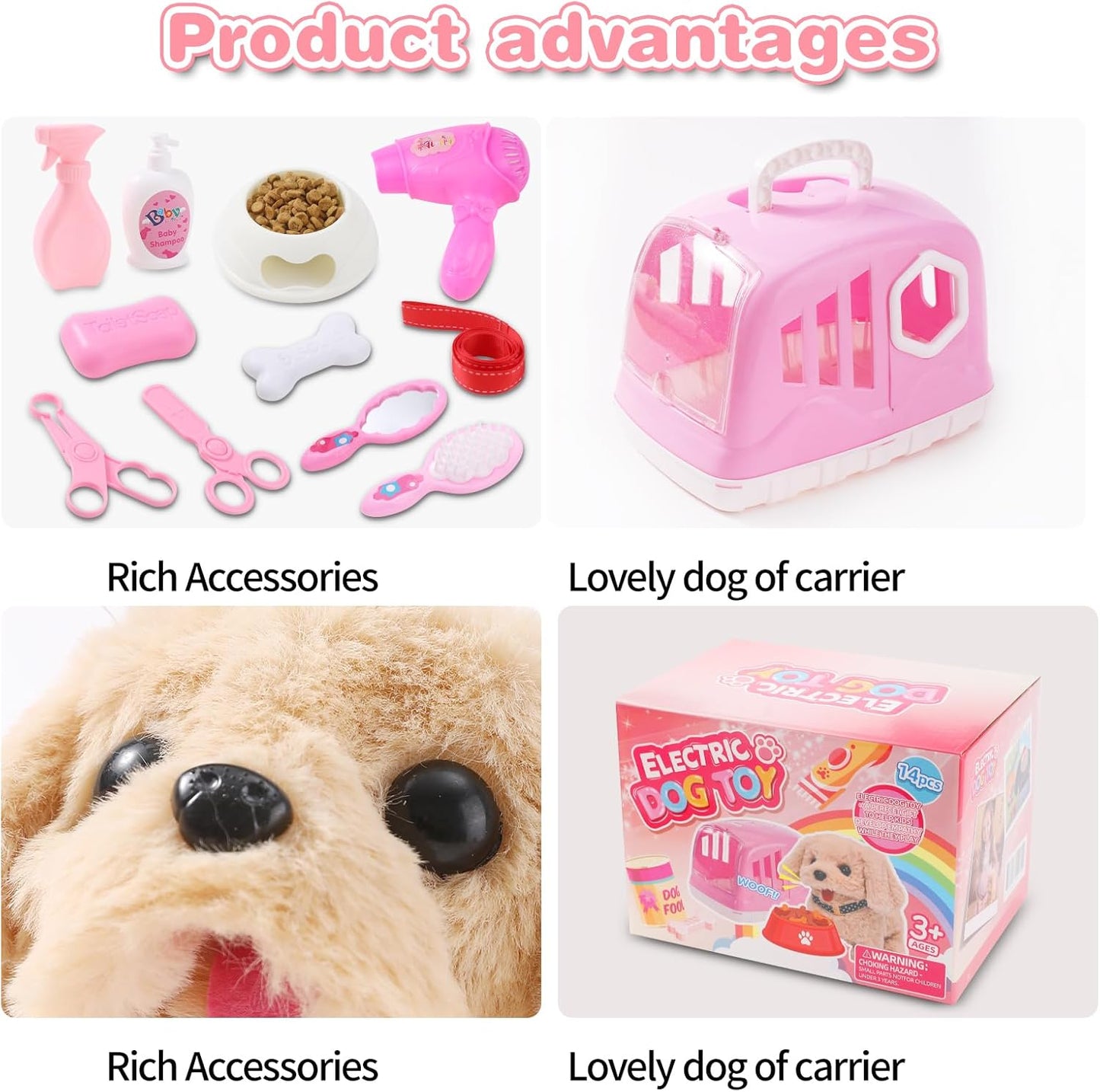 14PCS Dog Toys for Kids, Walking Barking Electronic Interactive Plush Puppy Toy with Carrier and Accessories, Pet Care Toy Set for Kids, for Girls and Boys 3 4 5 6+ Year Old