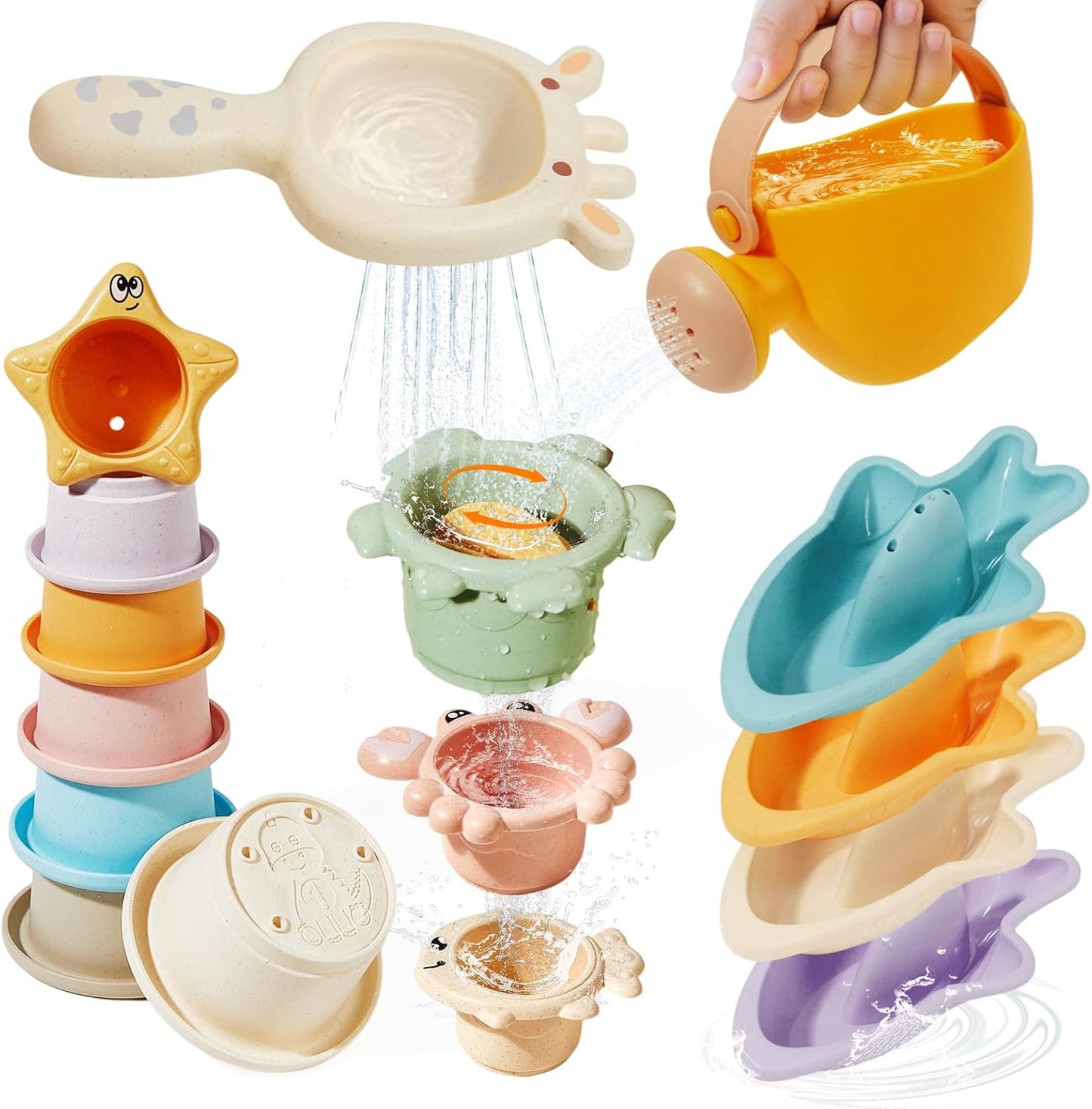 Baby Bath Toys for Kids Ages 1-3, 16PCS Mold Free Bath Toys for Toddler 2-4 & Babies 6-12-18 Months Bath Cups Watering Can with Storage Bag Montessori Bathtub Sand Pool Water Toys for 1+ Years Old