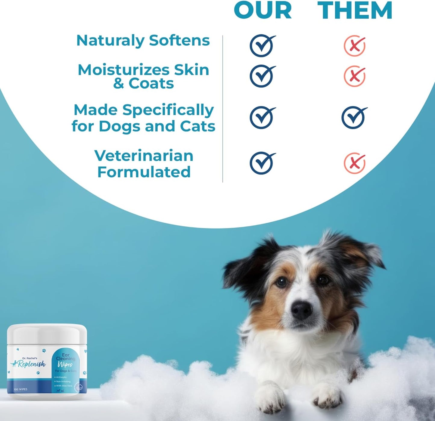 Replenish Cat and Dog Ear Cleaning Wipes - Gentle Medicated Ear Wipes for Dogs - Cucumber Melon Scent - Dog Ear Cleaner & Cat Ear Wipes for Cleaning, Soothing, and Deodorizing Itchy Ears - 100 Count