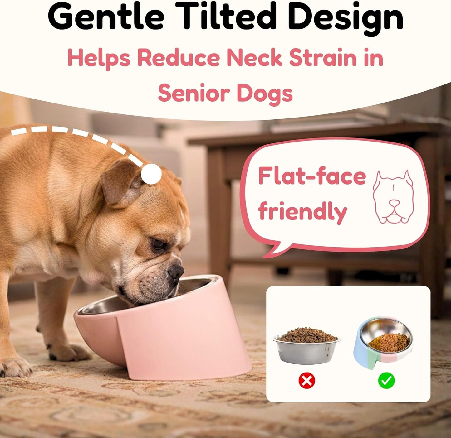 Tilted Dog Bowl for Flat-Faced & Senior Dogs, 15° Slanted Stainless Steel Dog Food Bowl, Elevated Pet Feeder for Small & Medium Dogs, Comfortable Eating Design (Pink, M (420 ML / 1.5 Cups))