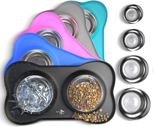 Active Pets Dog Bowl Set, Stainless Steel No Spill Mess-Proof Food & Water Food Bowls with Skid Resistant Silicone Mat, Dog Bowls Small Size Dog, Medium, & Large, Pet Puppy Bowls & Dishes