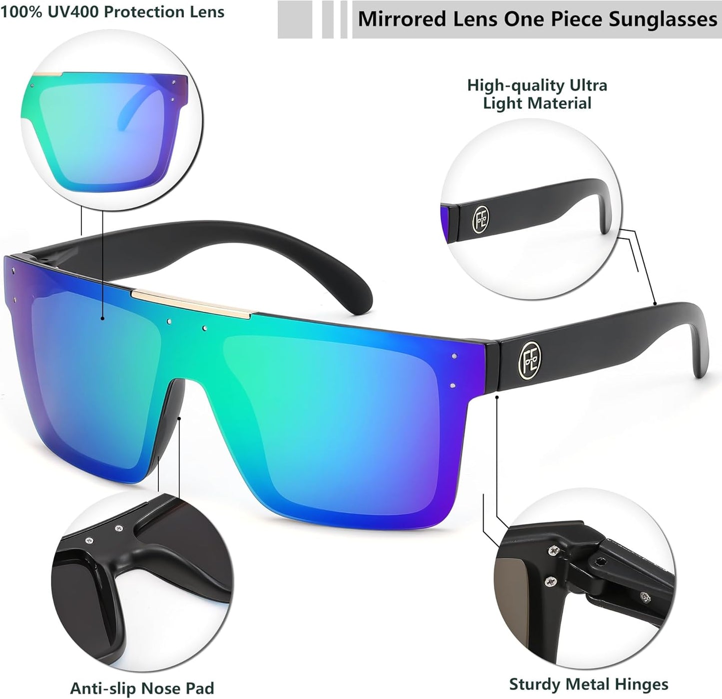 FEISEDY Polarized Sunglasses for Men, Oversized Square Flat Mirrored Z87 Lens, Fishing Driving Golf Outdoors Coastal B2990
