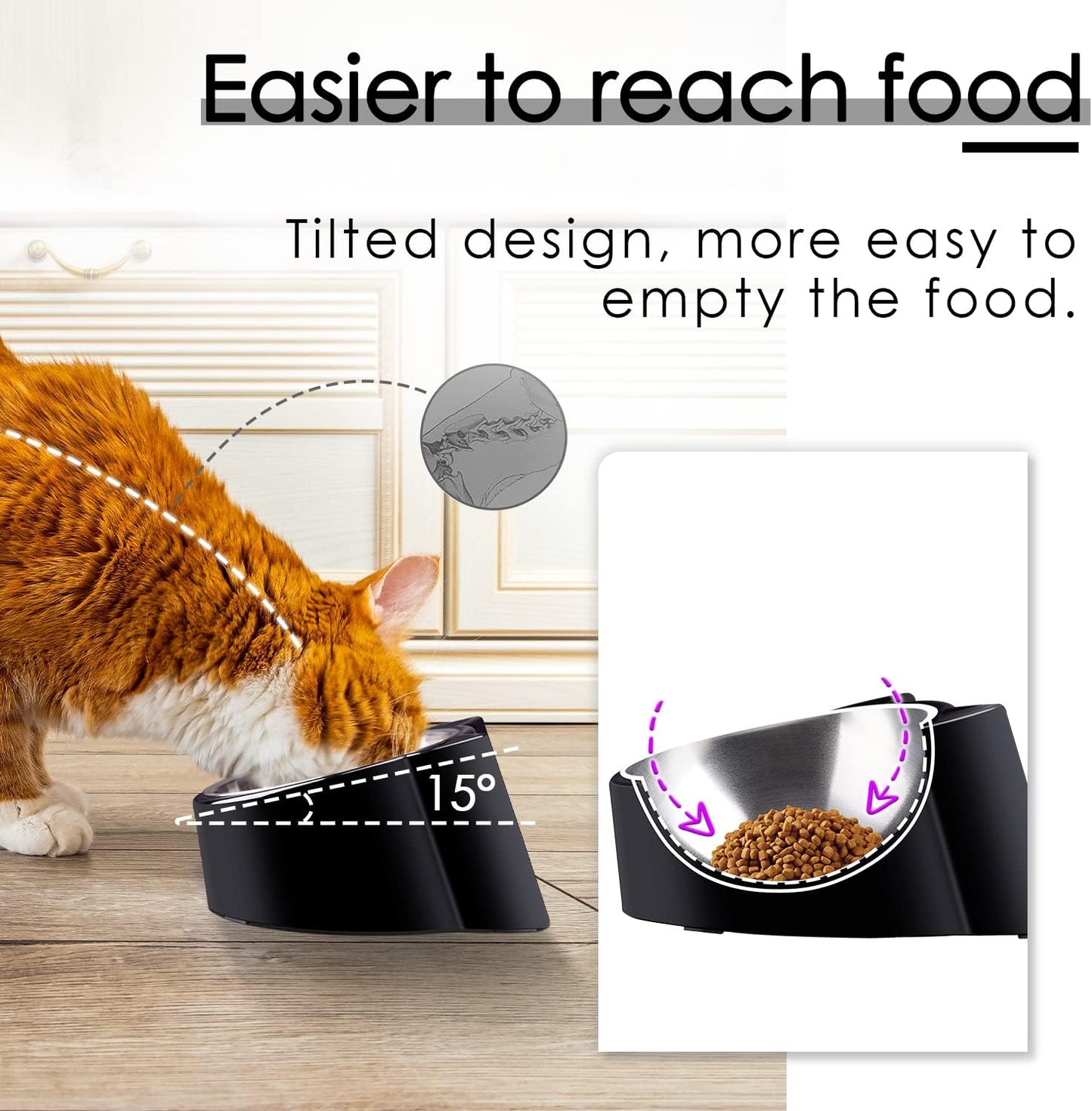 Tilted Cat Feeder Bowl, 15 Slanted, Orthopedic, Anti-Vomiting, Spill Proof, Raised, Stainless Steel, Tilted Angled Cat Food Bowl, Black