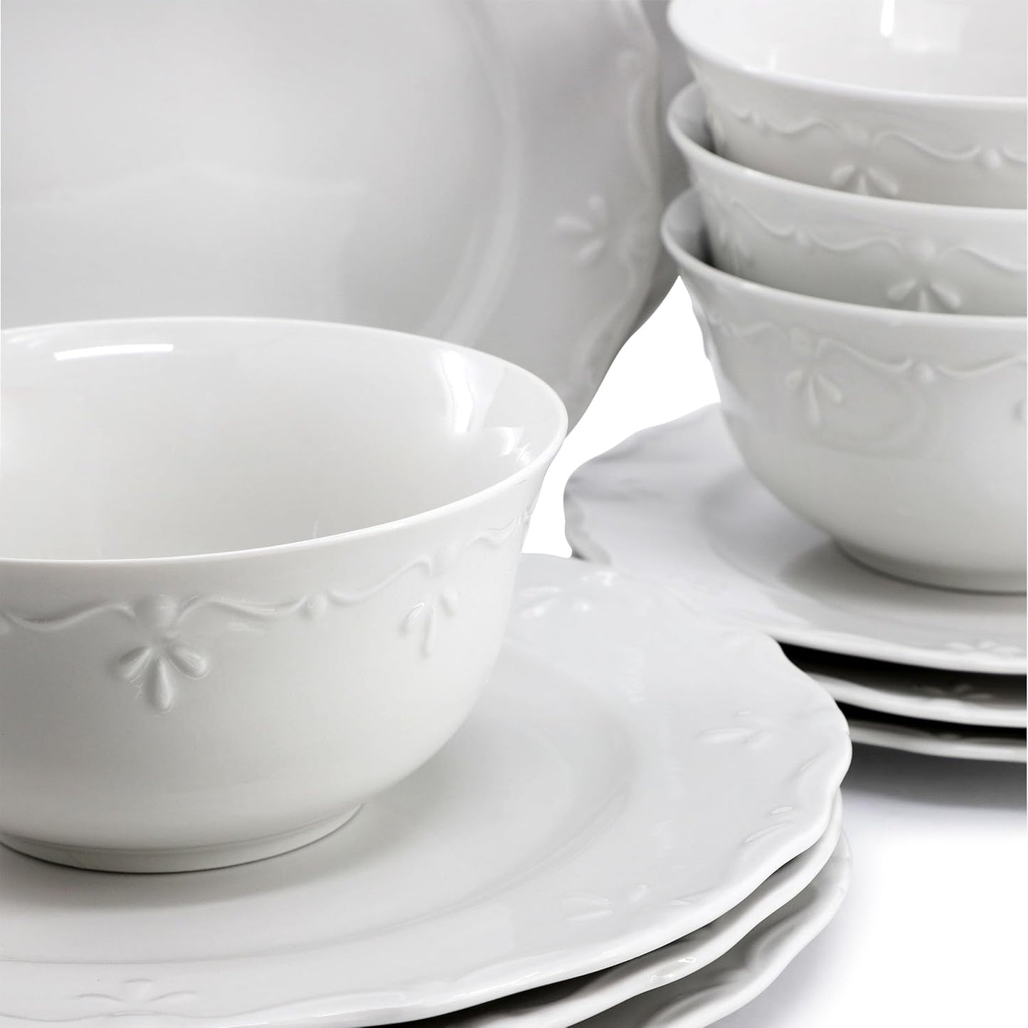 Elama Henryi 18 Piece Embossed Rim Detail Porcelain White Dinnerware Set, Tableware Set, Serveware (18 Piece)