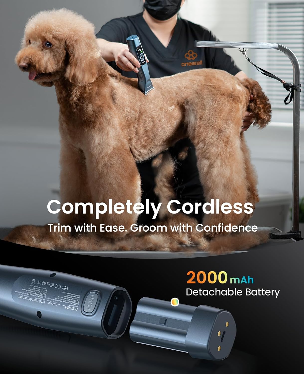 oneisall Cordless Professional Dog Grooming Clippers, 2-Speed Dog Clippers for Grooming Heavy Duty/Thick Hair, Detachable Carbonized Steel Blade Metal Combs, Removable Battery(Blue)