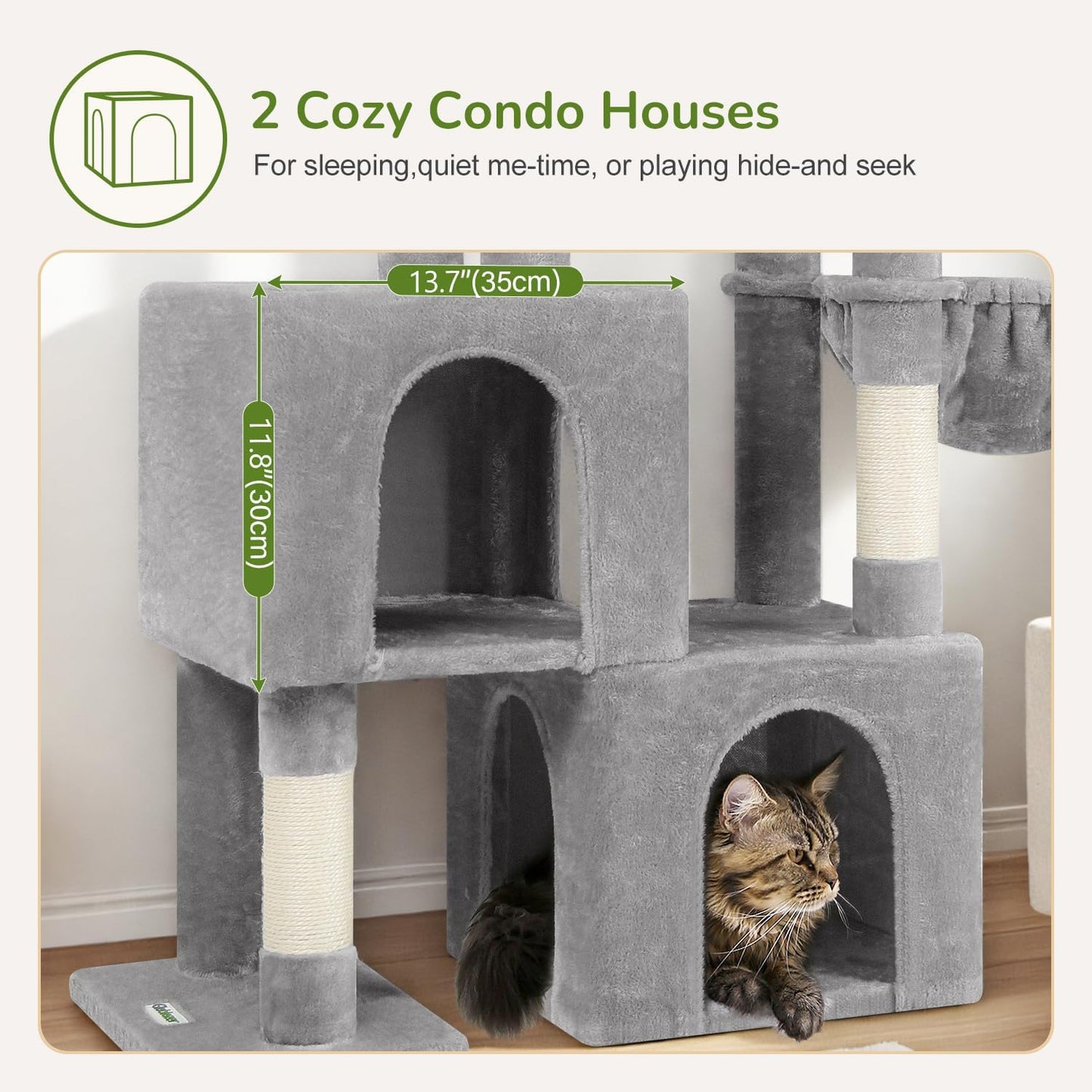 Globlazer Cat Tree Tower with 2 Cat Condos for Multiple Indoor Cats, 52in Multi-Level Plush Cat Condo Tower with 5 Sisal Scratching Posts, 2 Padded Perches, Big Basket, Widened Base, S52, Light Grey