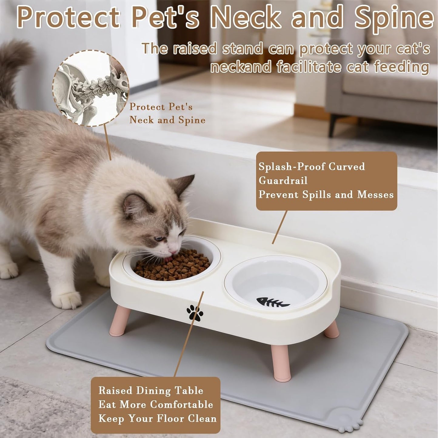 Cat Bowls Elevated,Cat Food and Water Bowl Set,Pet Feeding Raised Stand for Cats Dish Indoor Small Feeder Proof Double Dishes Kitten Station Gatos Dining Spill Holder Kitty Table Ceramic Feed Bowl