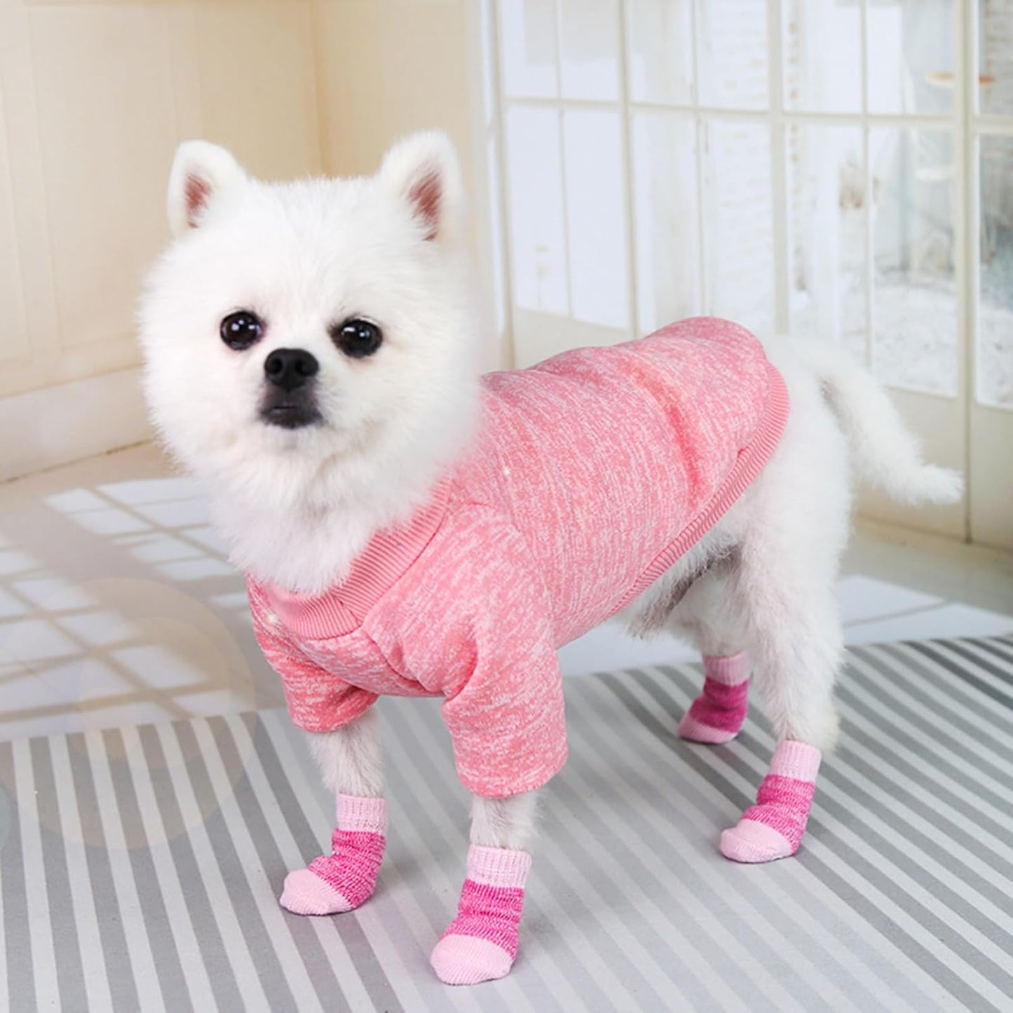 4Pcs Dog Socks Knitted Grip Socks for Pets with Cartoon Pattern Anti-Slip Shoes for Home Hardwood Floor Wear Paw Protector