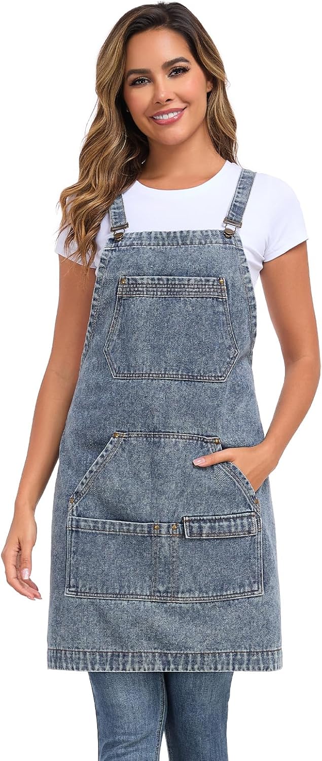 Denim Apron with Pockets, Cross Back Apron for Men Women, Jean Work Aprons for Hairstylist Barber Grilling Gardening, Adjustable S to L