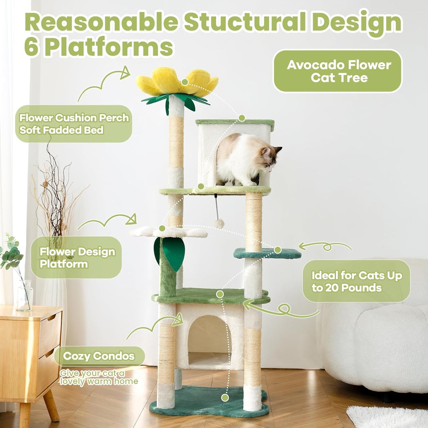 HYABi 64.5-Inch Cute Avocado Flower Large Tall Garden Cat Tree Tower Condo House Furniture Bed Plush Ball Activity Platform Multi-Level with Scratching Posts for Indoor Cats Play