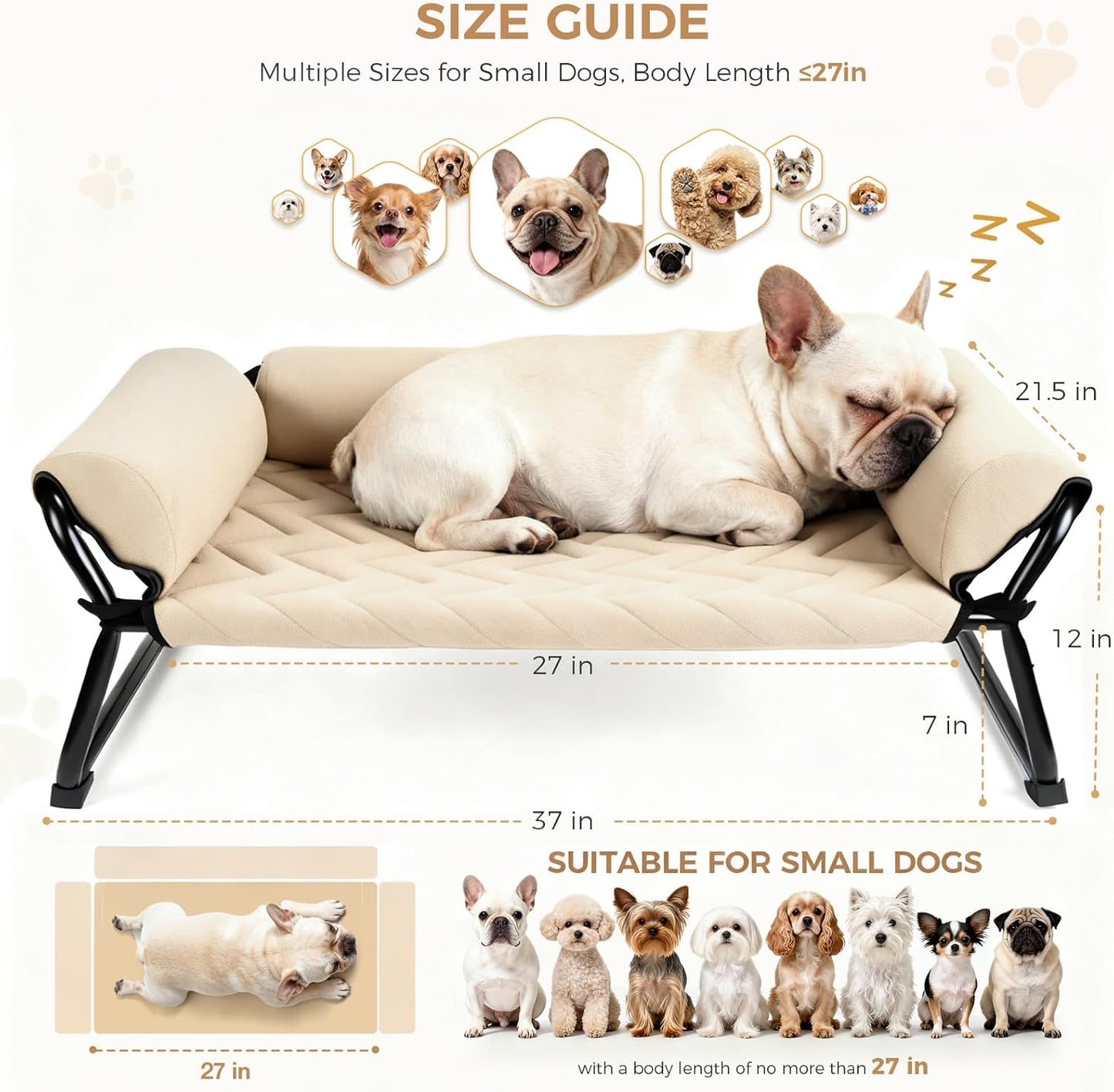 Lekereise Cooling Elevated Outdoor Dog Bed Cot + Orthopedic Indoor Small Dog Sofa Bed, Washable Cover & Sturdy X-Frame, 37x21.5inches, Medium, Beige