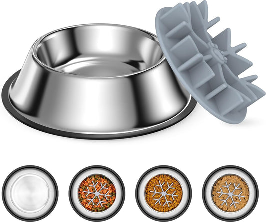 ORIA Slow Feeder Dog Bowl Set, Stainless Steel Dog Food Bowl with Slow Feeder Insert, Pet Water Bowls with Non-Slip Base for Small Medium Breeds, Holds Up to 2 Cups, M
