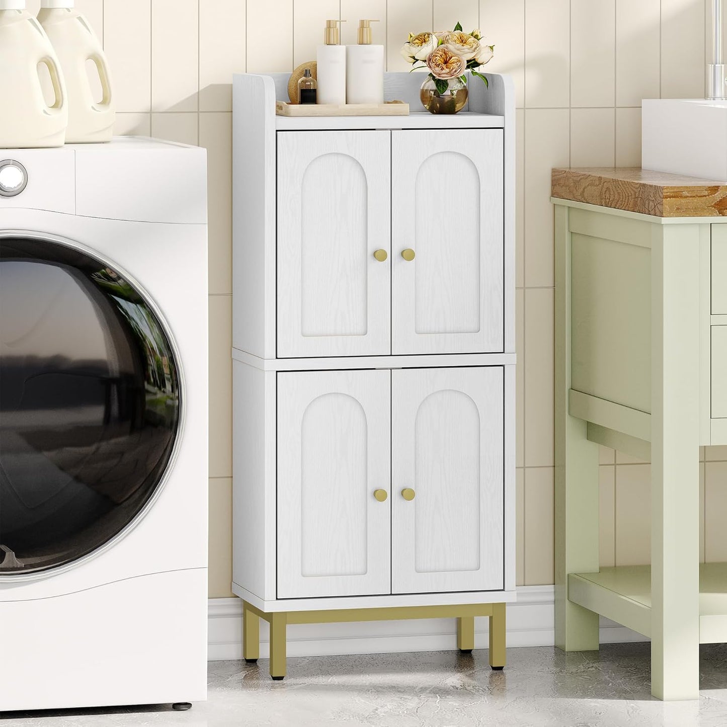 Bathroom Cabinet, Small Storage Cabinet with 4 Doors, Bathroom Organizers and Storage Cabinets with Adjustable Feet. Cabinets Freestanding for Living Room, Kitchen, 7.1"D x 14.6"W x 32.7"H
