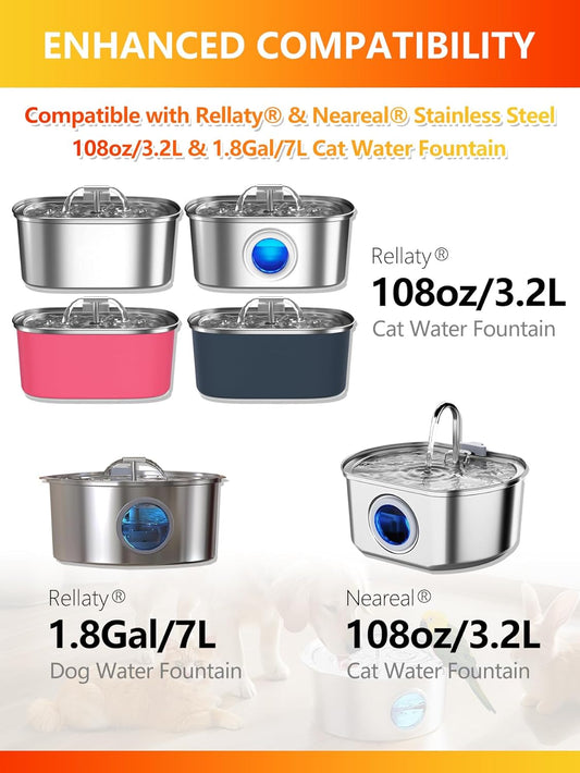 12+12 Pack Cat Water Fountain Filters Replacement Compatible with Rellaty & Neareal 108oz/3.2L Stainless Steel Pet Water Fountain with Pre-Filter Sponges
