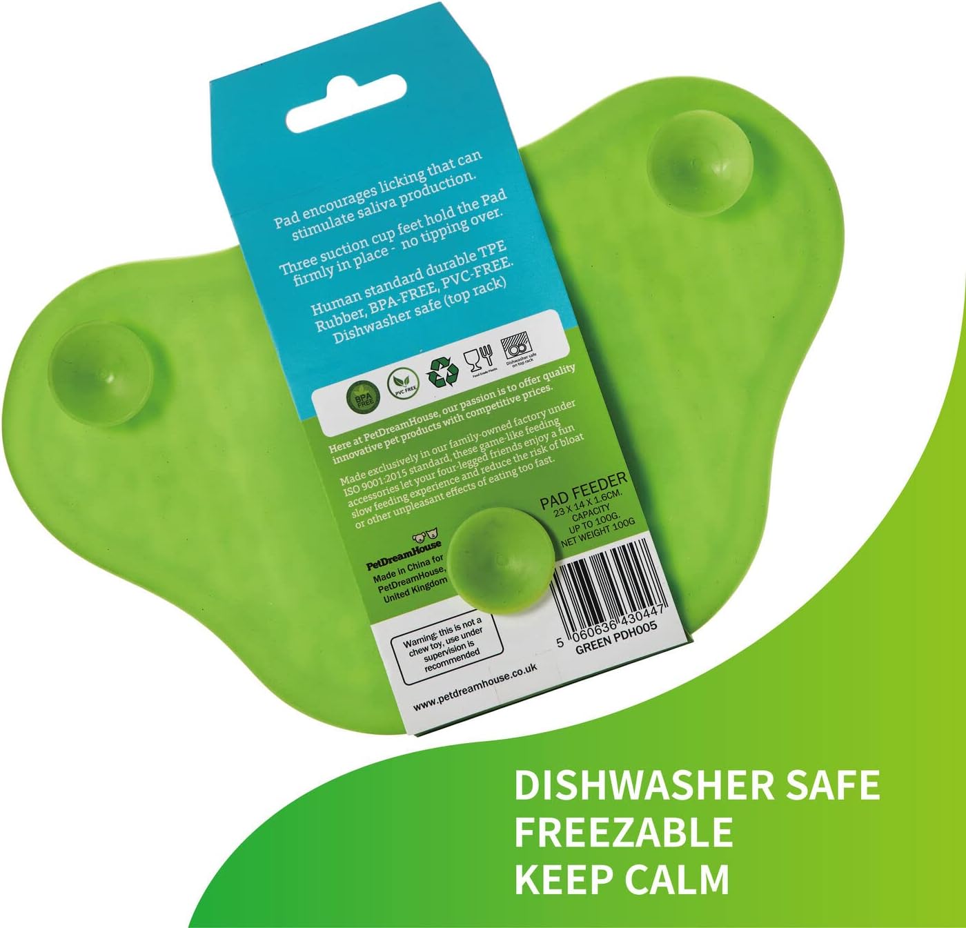 PetDreamHouse Lick Paw Pad & Slow Feeder for Dogs, Anti-Boredom, Distraction Mat, Reduces Anxiety w/Stress-Relief Stimulating Licking, Suction Cups on Back, Ideal for Puppies, Dogs & Cats, Green
