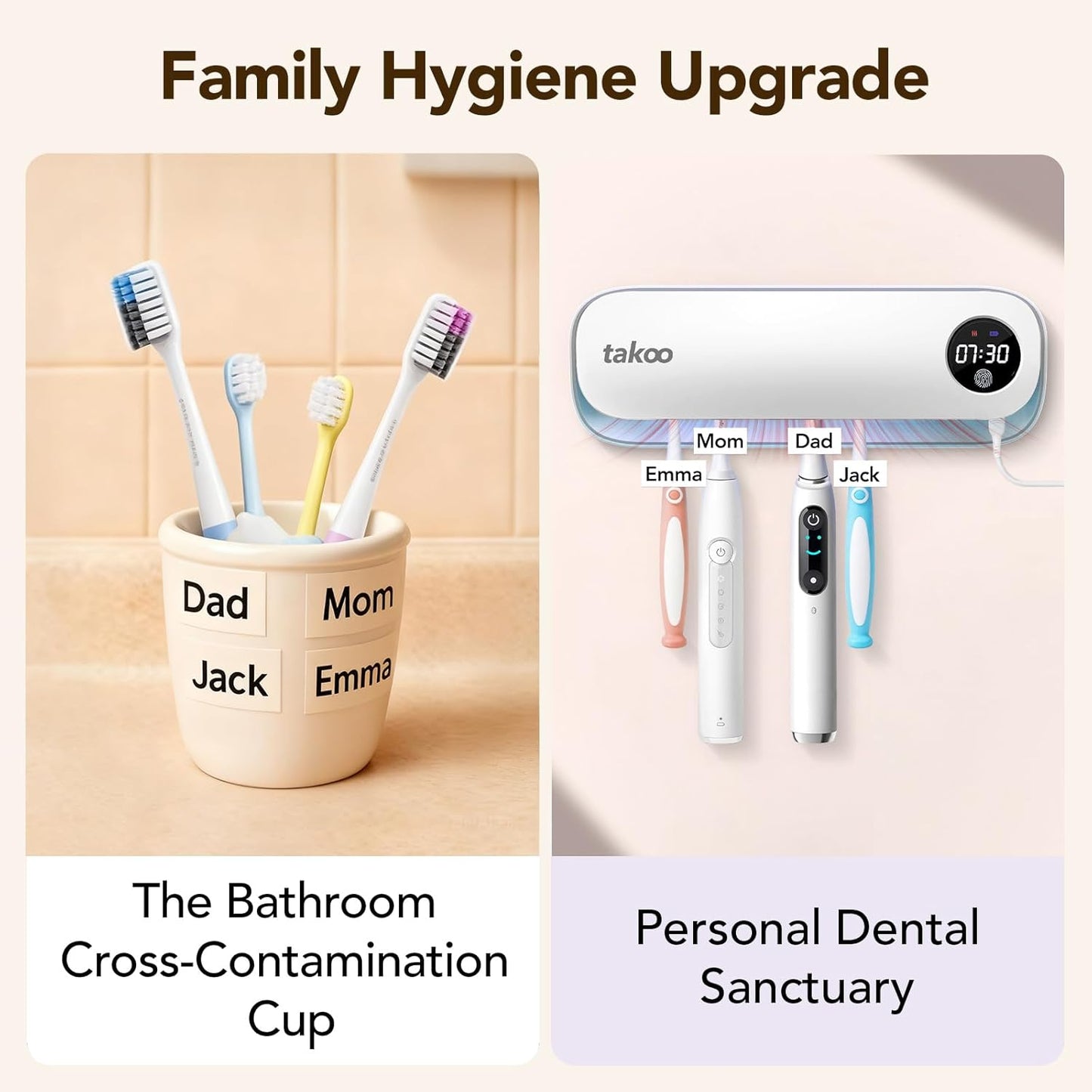 Takoo Toothbrush Cleaner, 4 Slots Wall Mounted Toothbrush Holder for Bathroom, Smart Hot Air Drying Technology, Rechargeable Smart Home Gadget