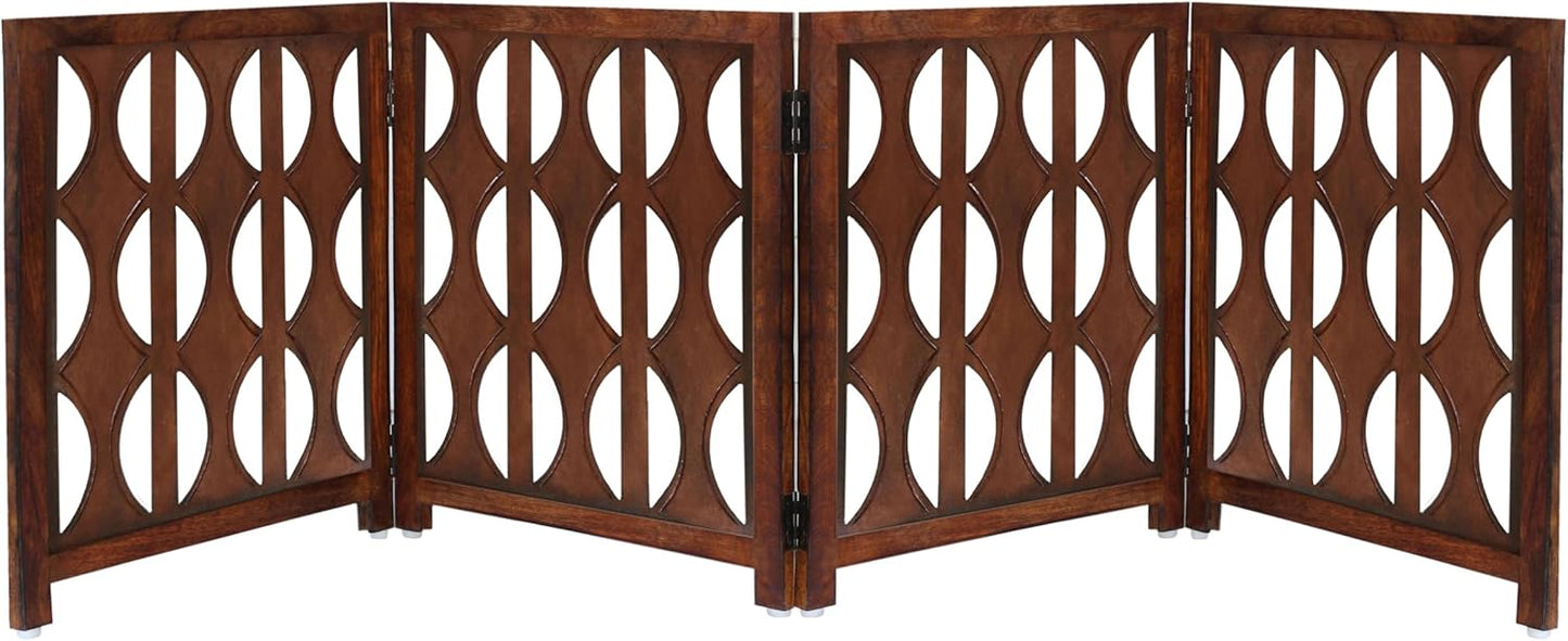 Wooden Foldable Pet Dog Safety Gate - 4 Panels Arc 20 W x 24 H- Hand Carved Solid Wood & MDF- Free Standing Portable Indoor Doorway Hall Stairs Puppy Fence -Fully Assembled- Cinnamon Brown -IRONGATE