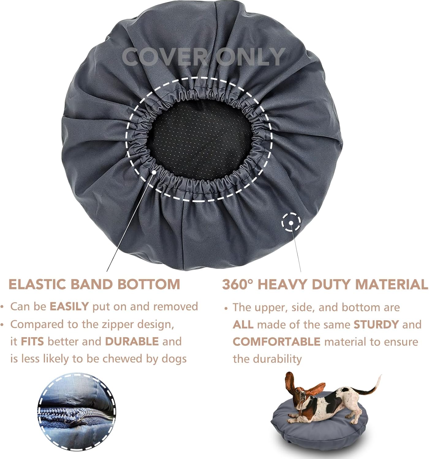 Dog Bed Cover Waterproof Replacement Machine Washable Covers for 36x36 Inch Dog Bed Heavy Duty Scratch Resistant Mattress Protector Pet Bed Round Grey Cover Only