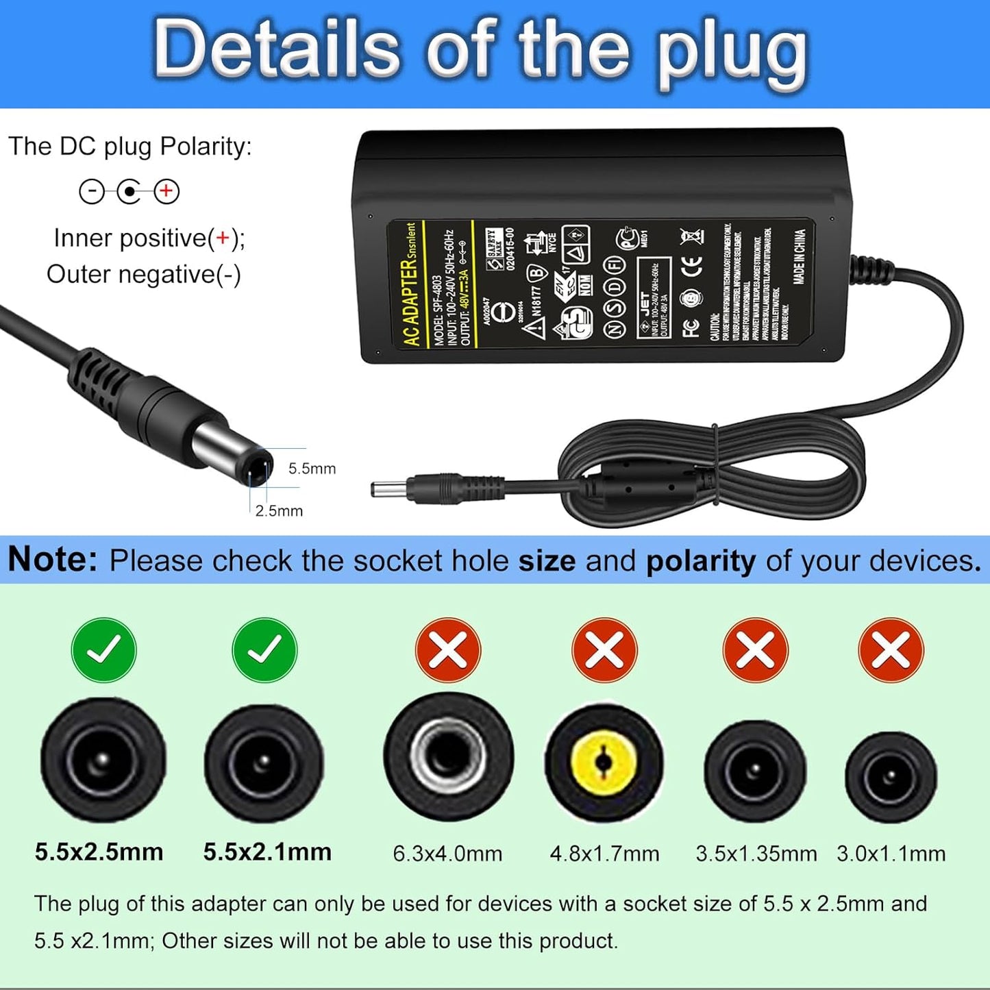 AC DC 48V 3A Power Supply Adapter 144W 48V Charger 48V 3A Switching Power Transformers Interface 5.5 x 2.5mm Suitable for POE Routers Switches Control Systems