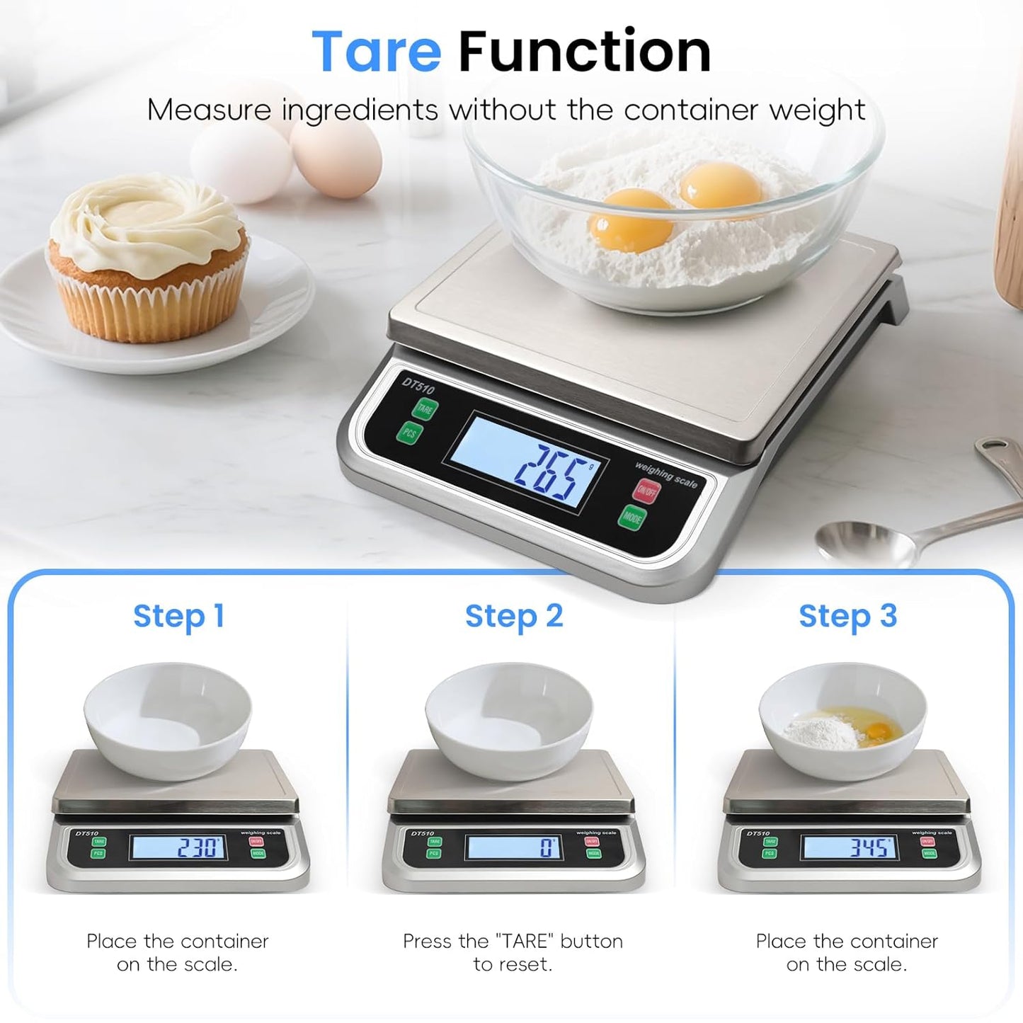 88lb/40kg Food Scale with 6 Unit Stainless Steel Commercial Kitchen Scale, with Full View LCD Display Large Kitchen Scale with Tare and Pcs Funtion for Baking, Cooking, Flour, Fruits Silver