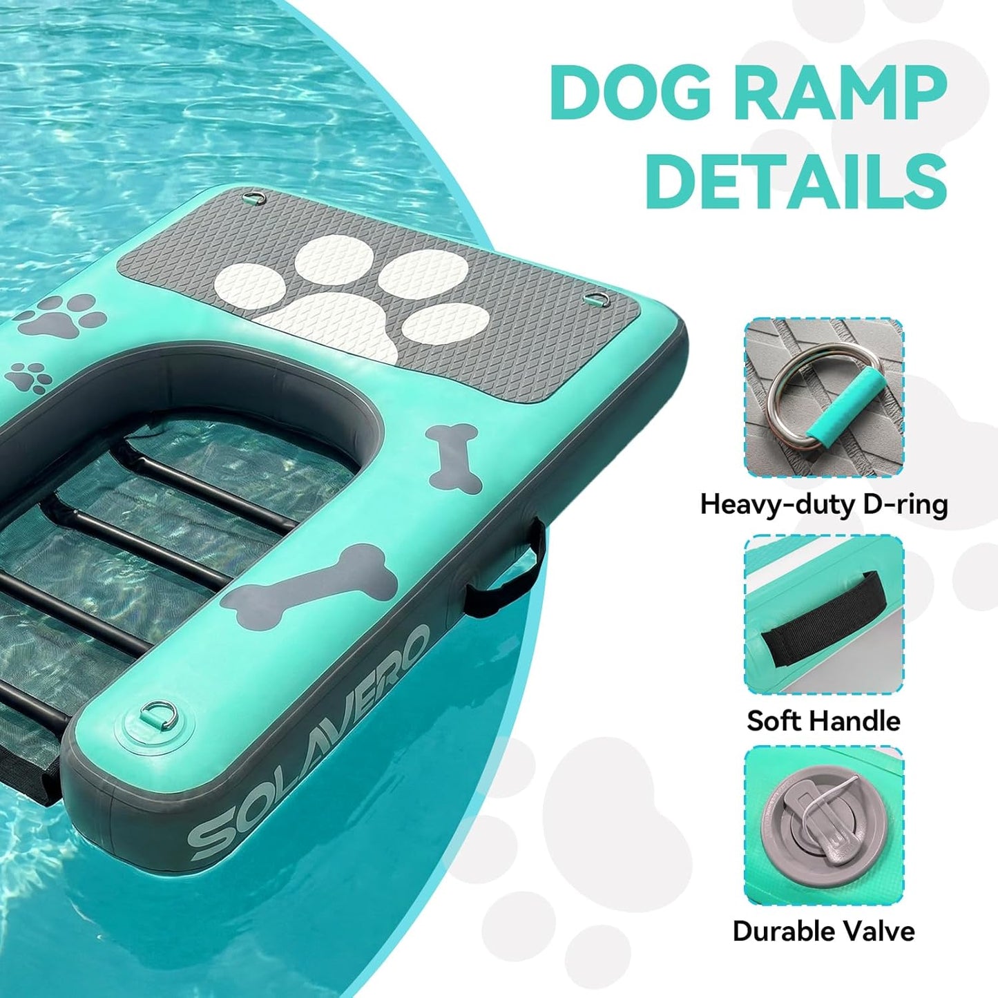 SOLAVERO Dog Water Ramp for Pool, Boat & Lake, Inflatable Dog Dock Pup Plank Pool Ladder Up to 200 lbs, Safe & Easy Access Floating Ramp Steps for Pets with Anti-Slip EVA, Green