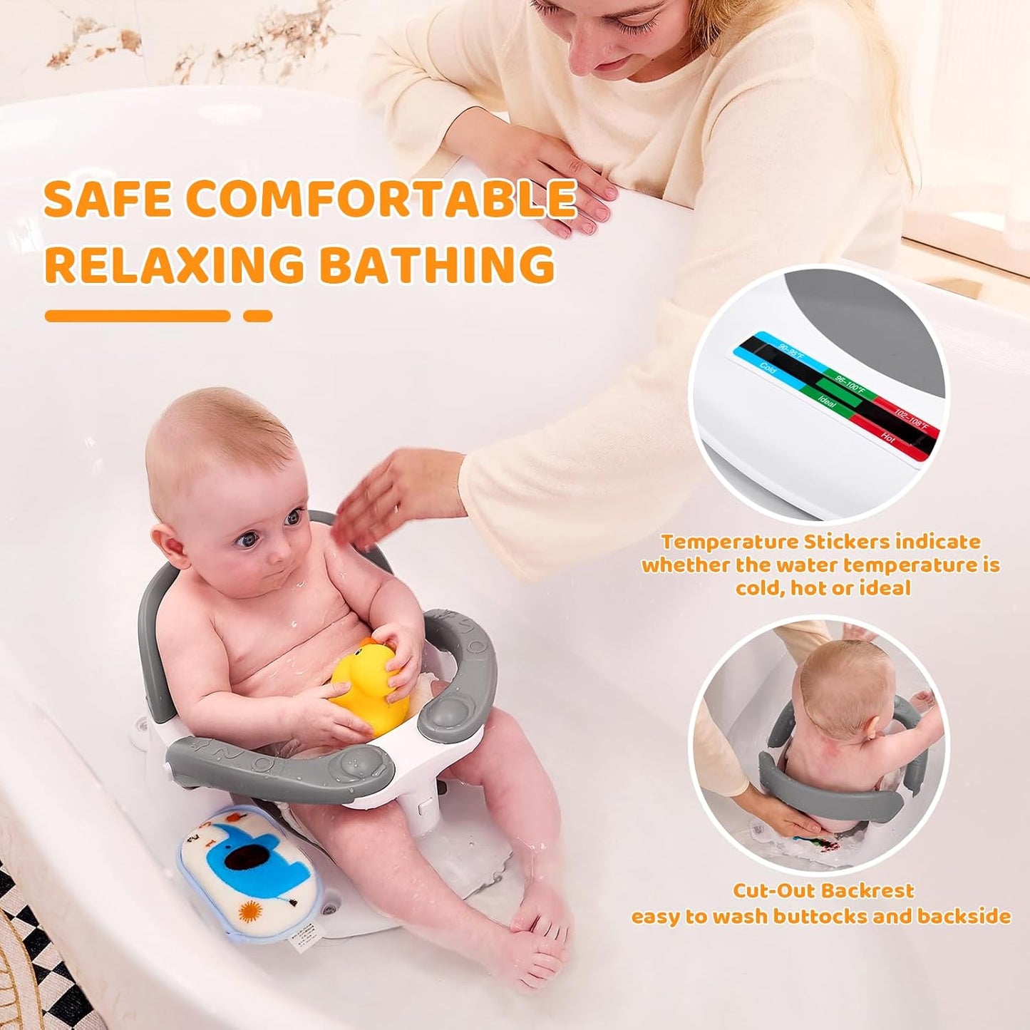 Baby Bath Seat for Babies 6 Months & Up Sitting Up,Infant Bath Seat with Temperature Alert+Open Backrest+on/Off Armrest,Toddler Bath seat Baby Bath Chair for Bathtub,Tub,Sink Grey
