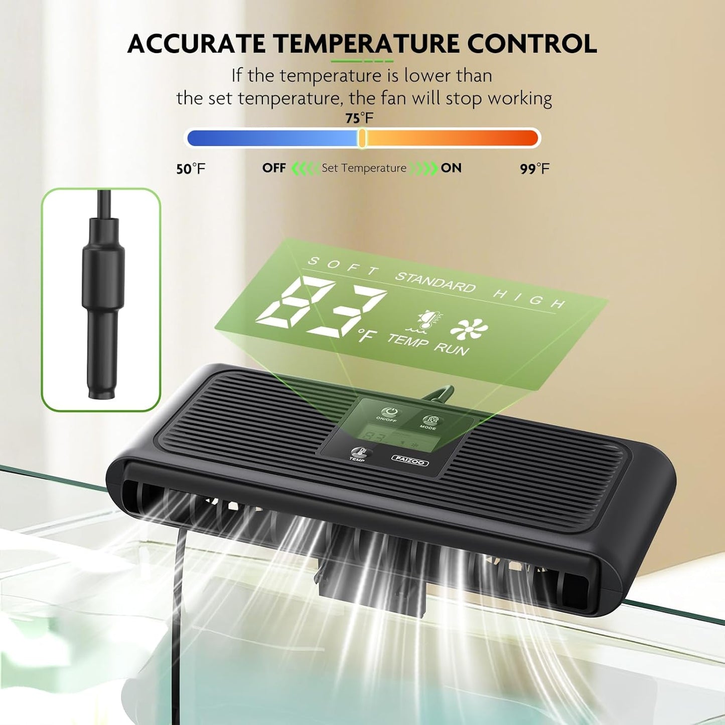 PAIZOO Aquarium Chiller Fan, Auto Temperature Control Fish Tank Cooler Aquarium Fan with Temperature Probe, LCD Display, 3 Speed Modes Axolotl Tank Cooler, 8.5-in, 6.4W