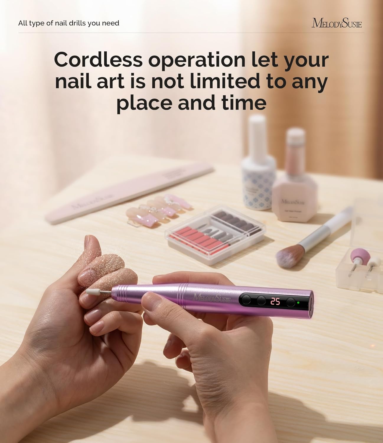 MelodySusie Pen-Shaped Portable Cordless Nail Drill, PC180F 25000RPM Rechargeable Electric File with LED Display for All Nail Care, Manicure Shaping & Acrylic Gel Removal for Nail Artists DIY at Home