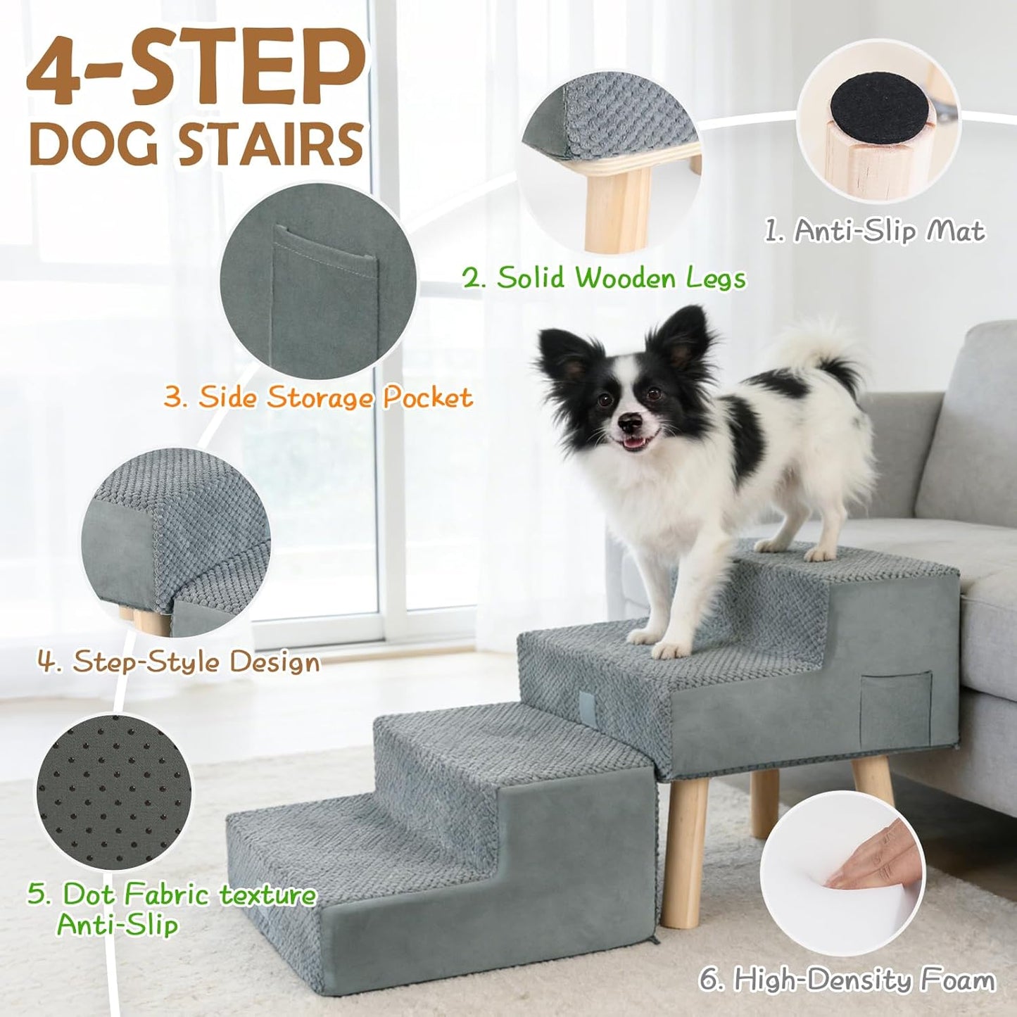 4-Step Dog Stairs for Small Dogs and Cats, 2-in-1 Foldable Wooden Dog Ramp for Couch Bed Sofa with Non-Slip Mat & Side Pockets, Split Ottoman Design, Grey