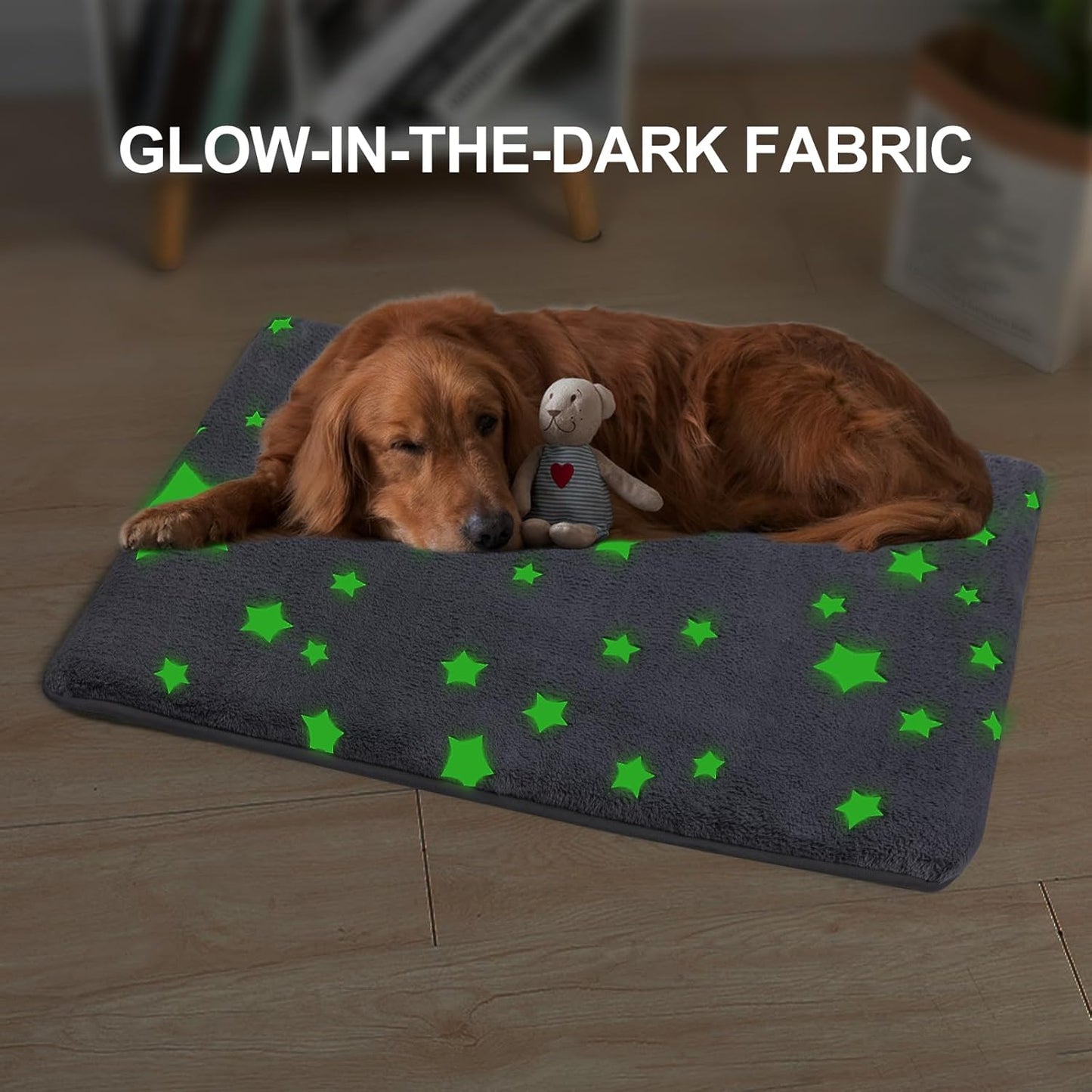 Self Warming Dog Bed Mat, 30"x20" Graphene & Glow-in-The-Dark Fabric Dog Crate Mat, Removable Washable Cover Anti-Slip Bottom Orthopedic Calming Pet Bed Pad for Kennel Cage