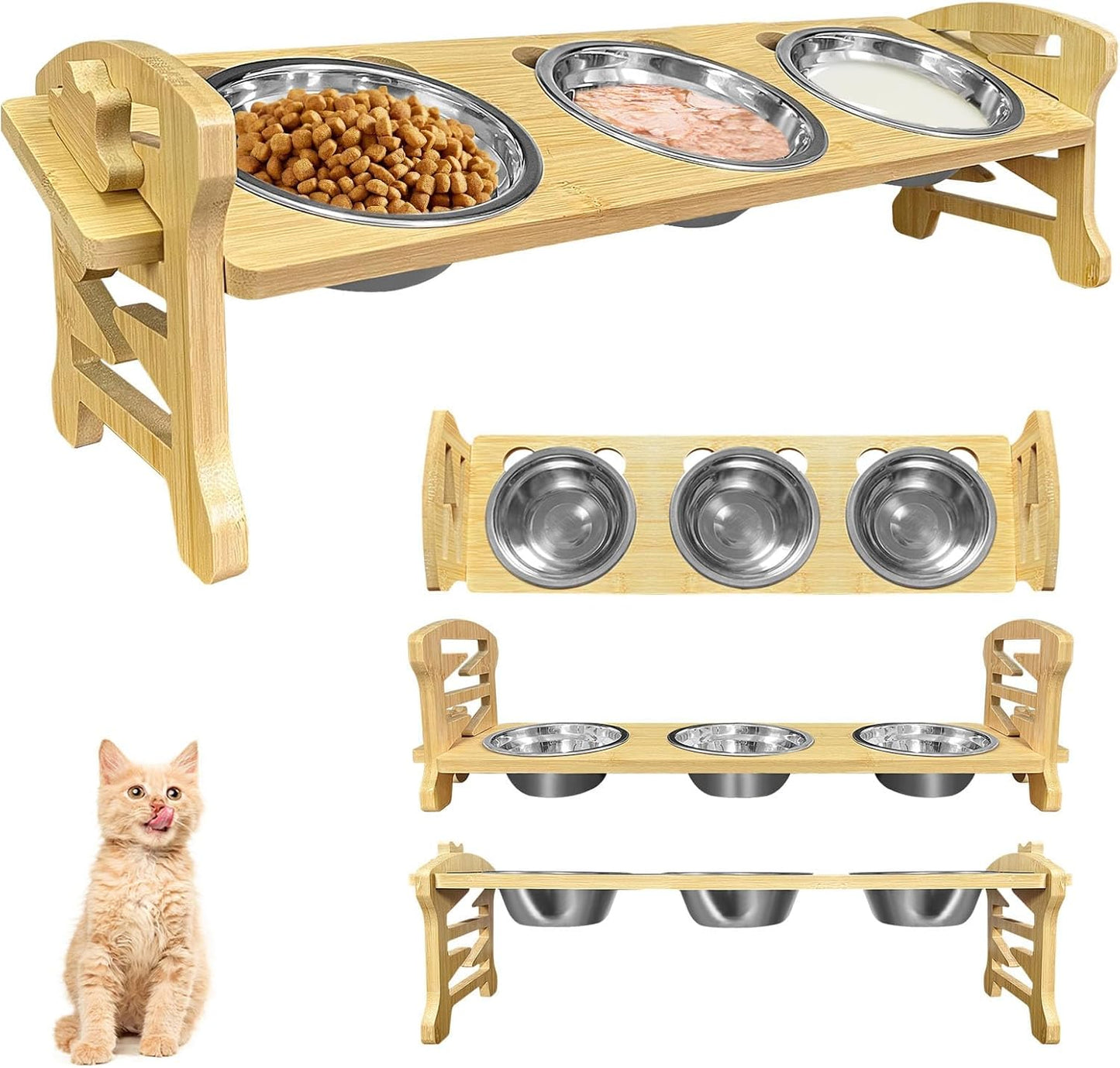Elevated Cat Bowls 15° Tilted : 3-Pack Stainless Steel Food Bowls with Bamboo Stand - Anti-Overflow, Dishwasher Safe, 6 Adjustable Heights and Whisker Fatigue Relief for Indoor Cats