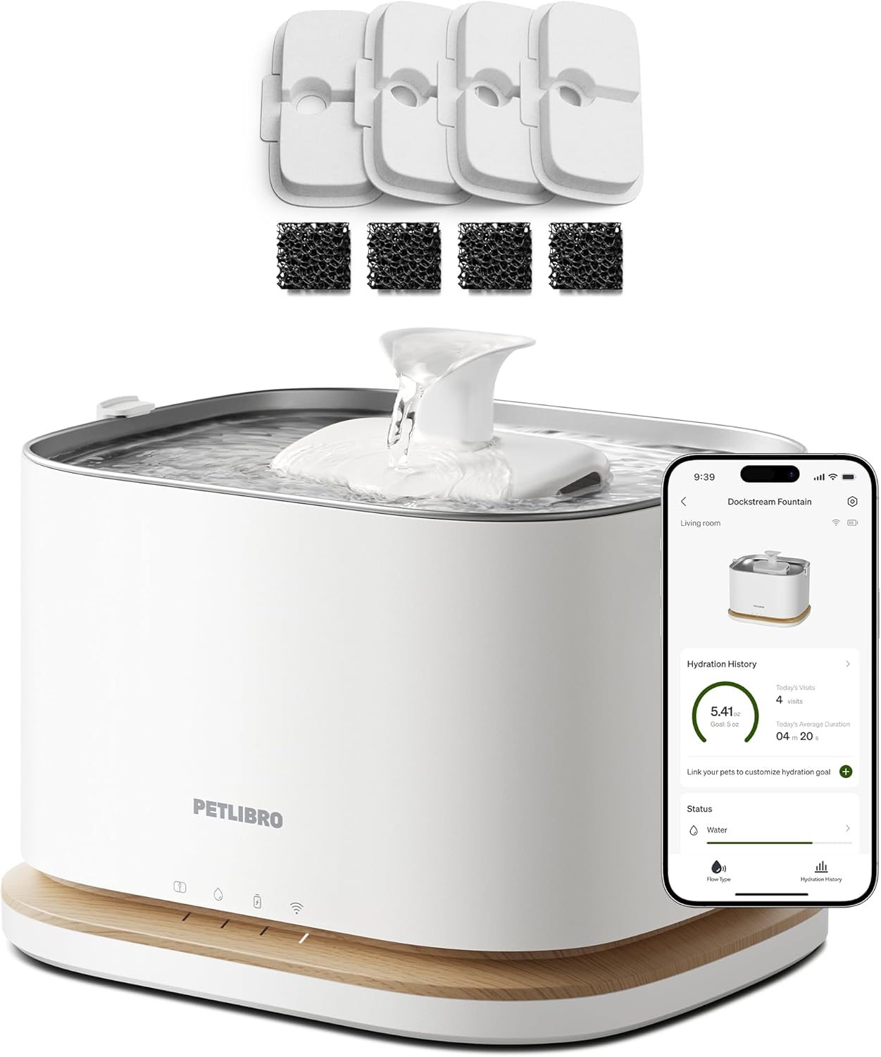 PETLIBRO Upgrade Cordless Cat Water Fountain with 4 Packs Cat Fountain Filter Replacement, App Monitoring 3L/101oz Dockstream 2 Pet Water Fountain with Stainless Steel Tray, 2-Month Set Easy-Swap