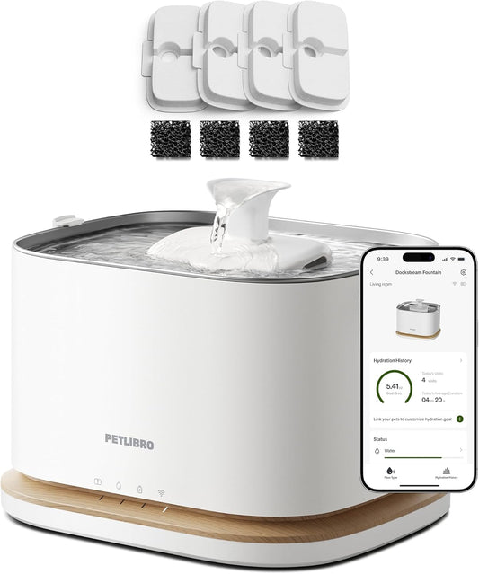 PETLIBRO Upgrade Cordless Cat Water Fountain with 4 Packs Cat Fountain Filter Replacement, App Monitoring 3L/101oz Dockstream 2 Pet Water Fountain with Stainless Steel Tray, 2-Month Set Easy-Swap