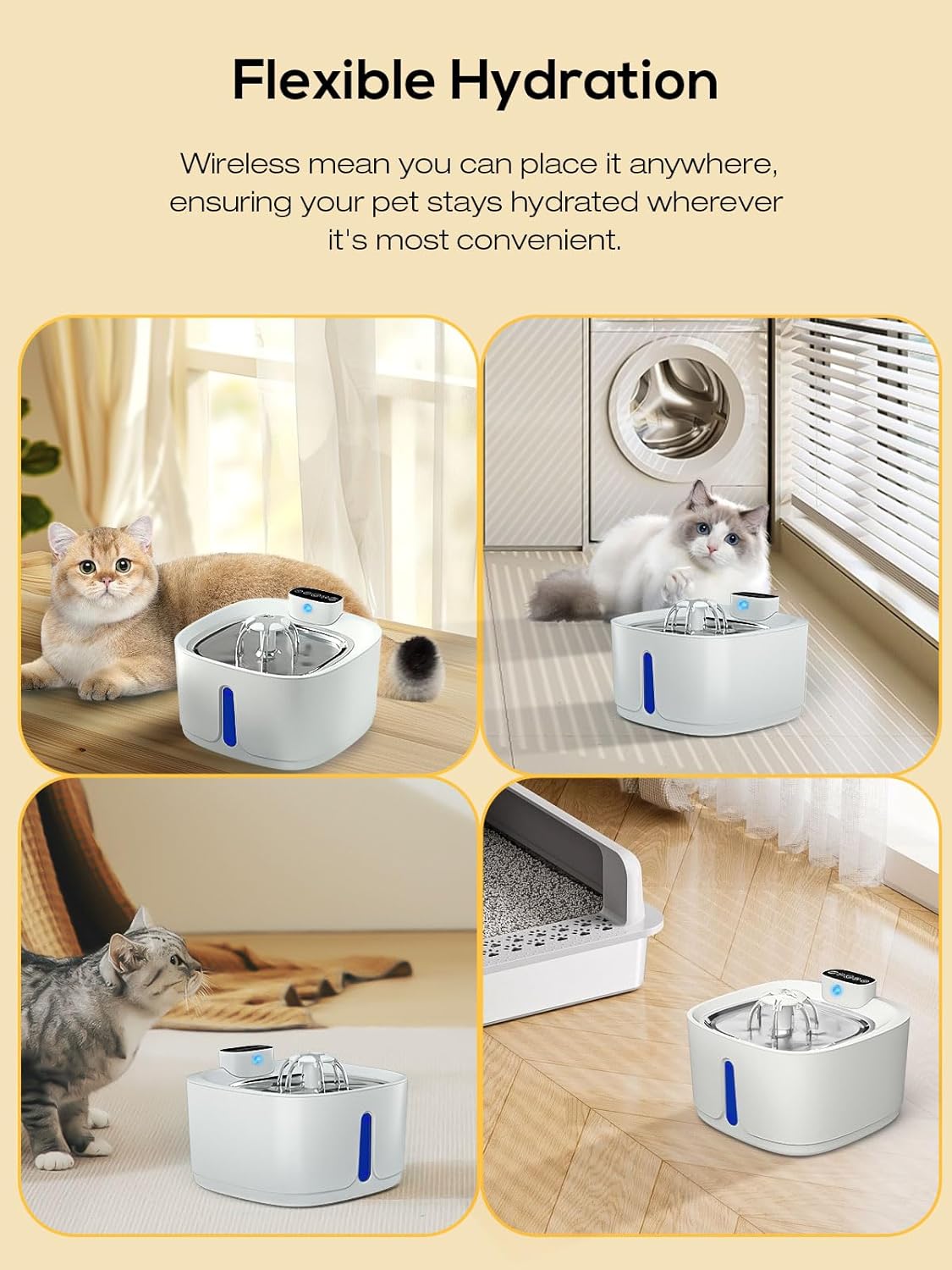 Cat Water Fountain Cordless, 108 OZ 3.2L Rechargeable Wireless Battery Operated, Pet Cat Dog Water Dispenser for Drinking, Replacement Filter,Motion Sensor, Quiet Pump