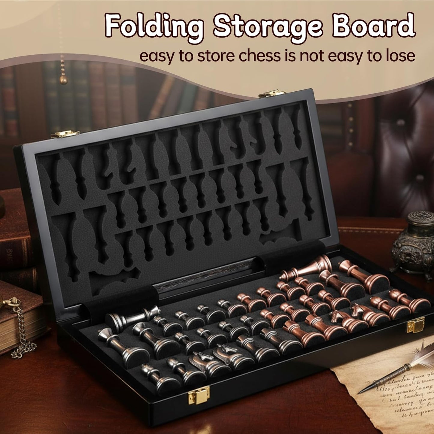 Ajedrez Luxury 15" Wooden Chess Set - Folding Board with Piano Finish | Weighted Metal Chess Pieces | Portable Travel Game for Adults & Kids | Premium Gift