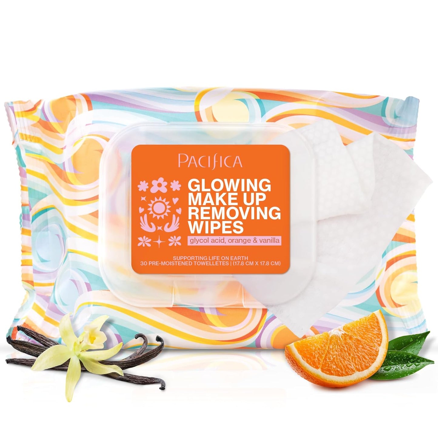 Pacifica Glowing Makeup Remover Wipes – With Glycolic Acid for AHA Exfoliating and Facial Cleansing – No Rinse Face Cleaning Towelettes – Dermatologist Tested, Vegan & Cruelty-Free – 30 Pack