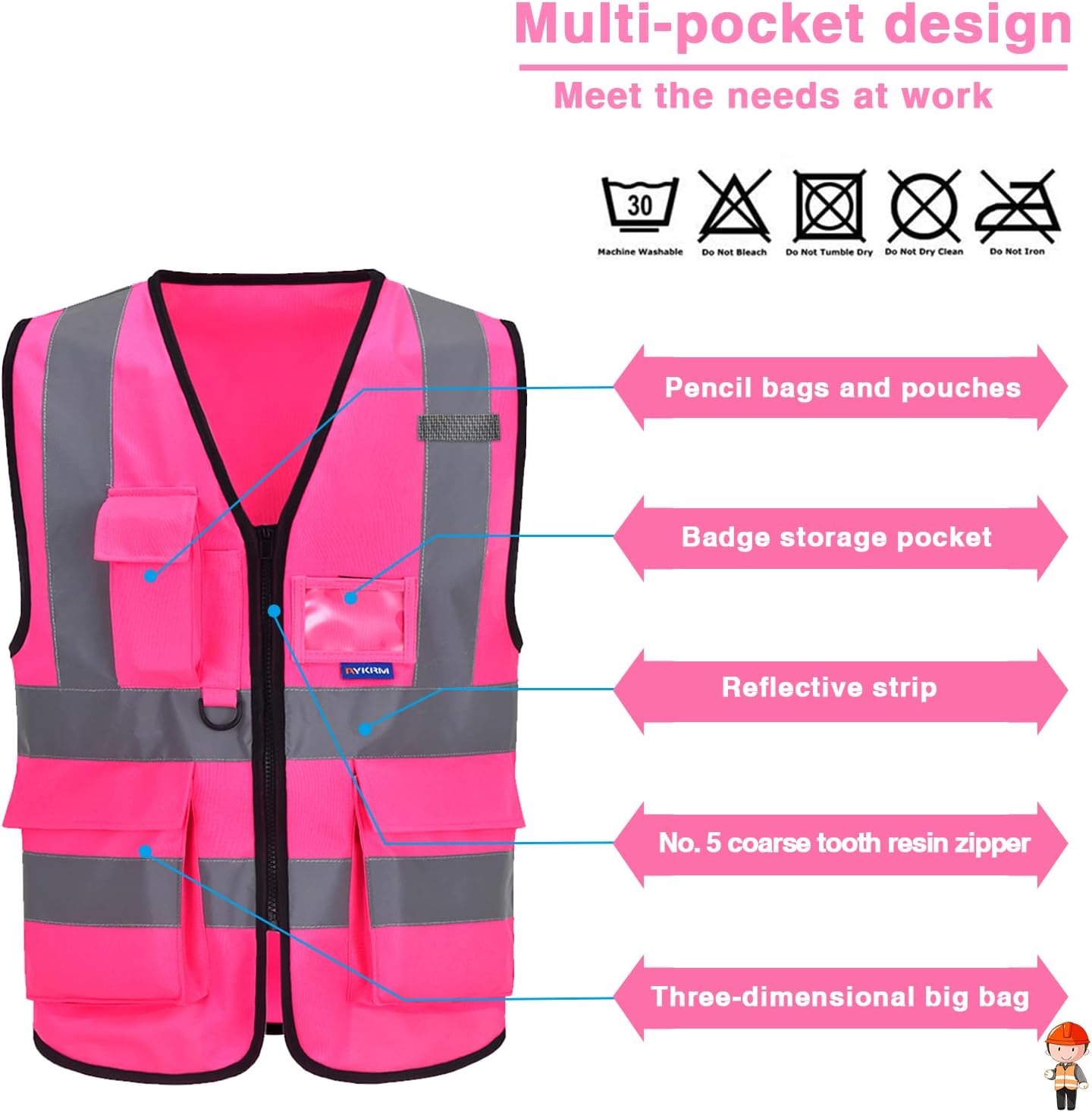 A-SAFETY Pink Safety Vest with Pockets Hi Viz Zipper Front Working Safety Vest with Reflective Strips, Multiple Colors Available,Large