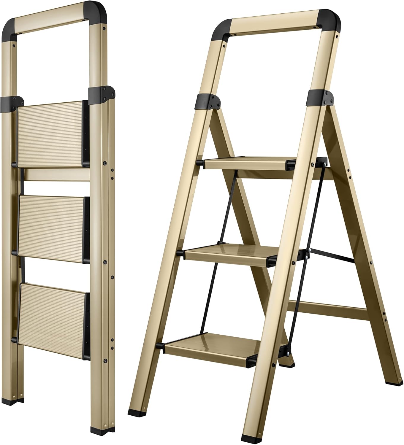 Step Ladder Folding 3-Step Champagne Gold Finish Aluminum Foldable Step Ladders,Anti-Slip for Home & Kitchen Office 330 lbs