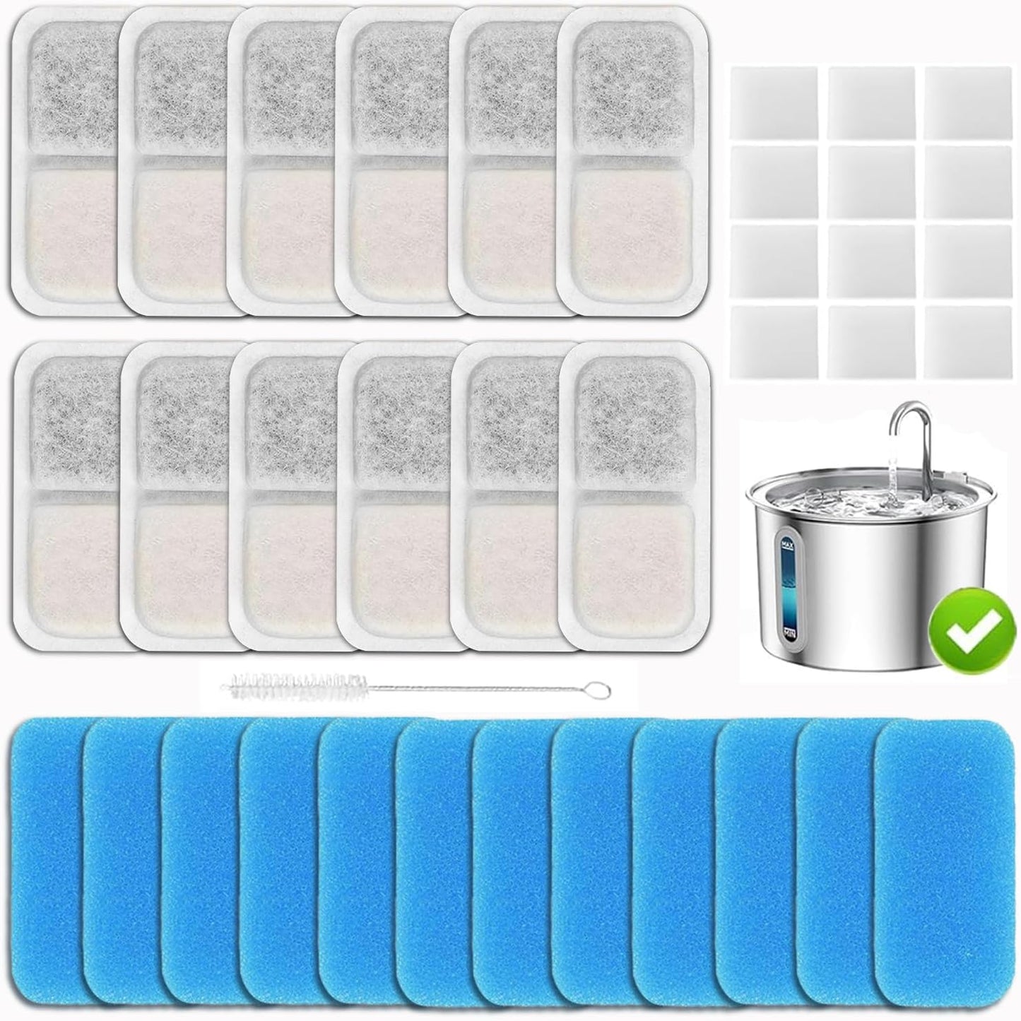 18+18+18 Pack Cat Fountain Replacement Filters Compatible with oneisall PWF-001 2L/67oz Stainless Steel Pet Water Fountain with 1 Hard Brush