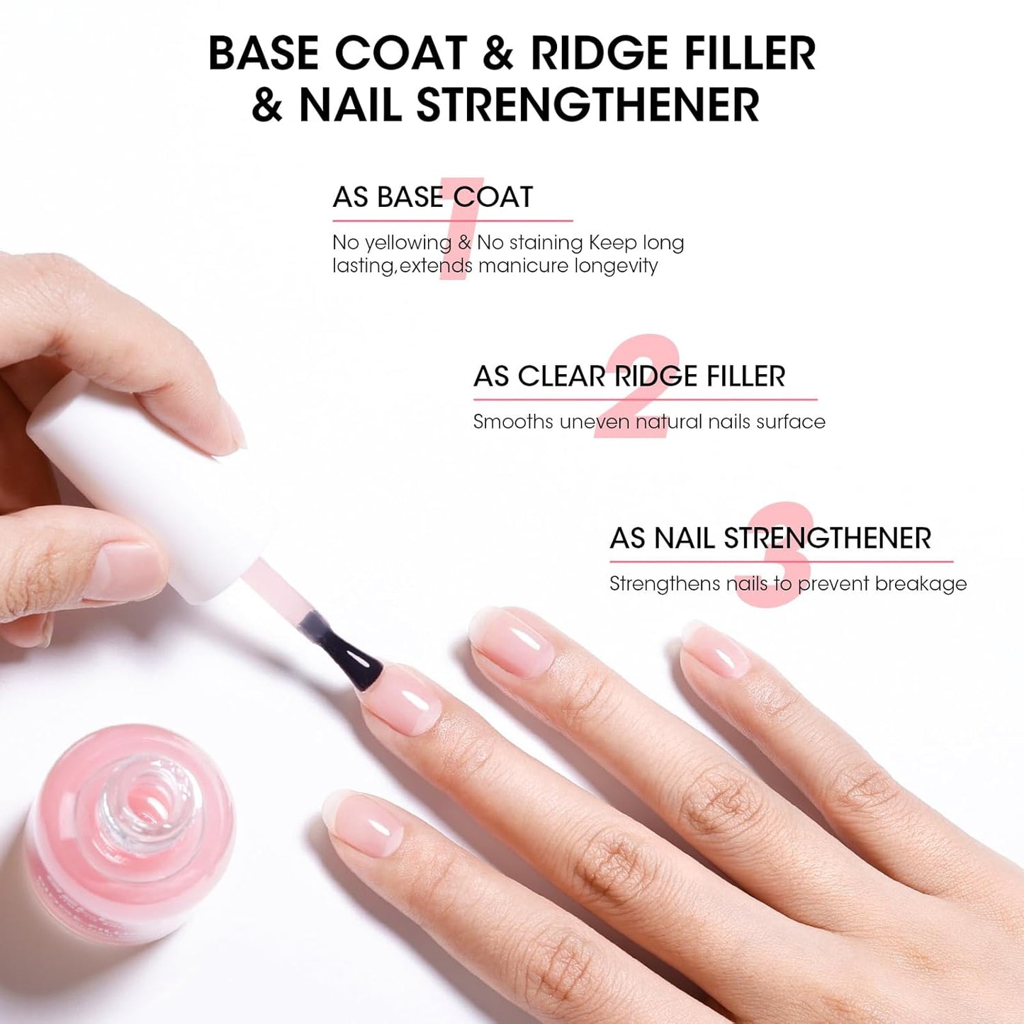 GELLEN Clear Nail Polish Ridge Filling Base Coat, Sheer Milky Pink Tint Ridge Filler For Nails | Hydrate Fortify Repair Damaged Dry Finger Nails | Shea Butter, Vit E, Protein | Toxin HEMA TPO Free