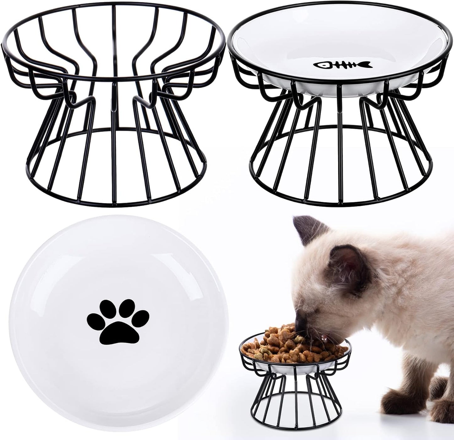 Rtteri 2 Pcs Elevated Cat Plate Set Anti Vomit Cat Bowls with Metal Stand, Shallow Ceramic Raised Feeding Station(Black)