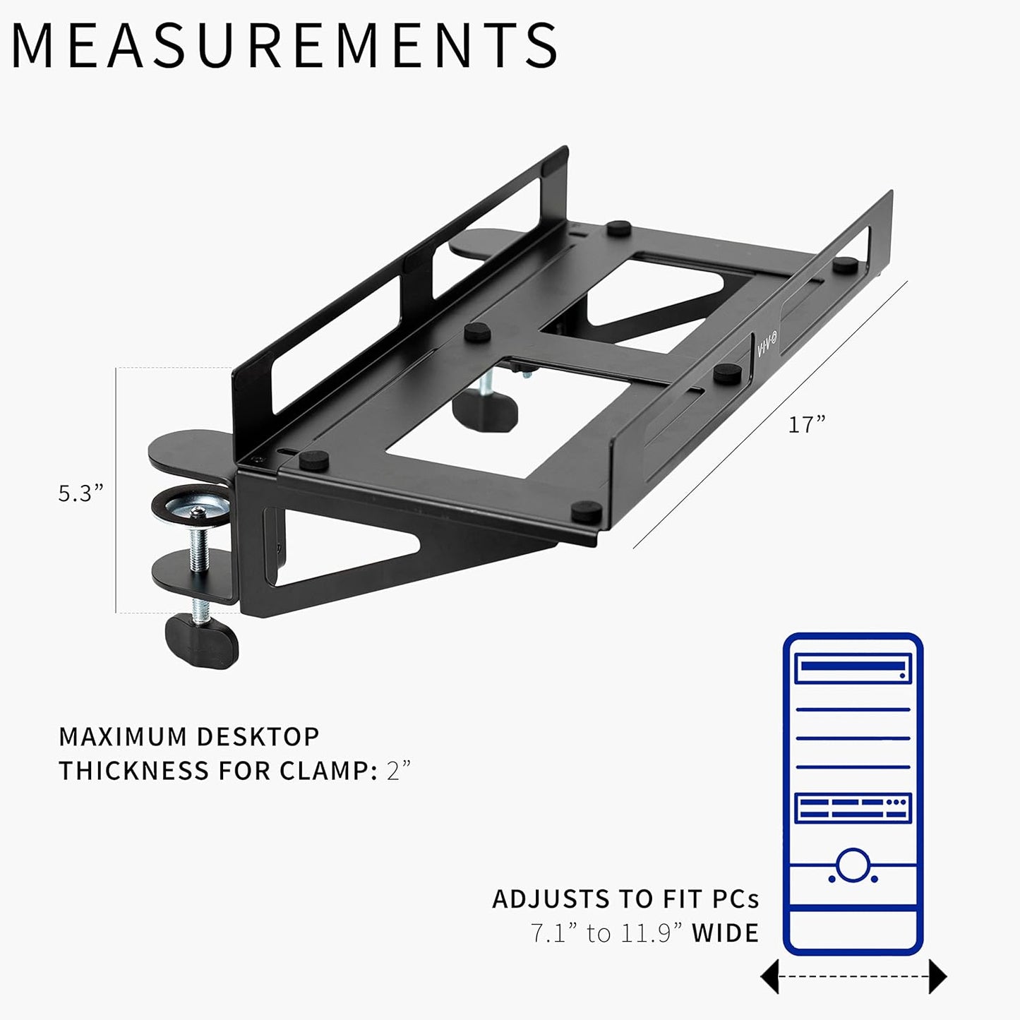 VIVO Clamp-on Desk Extender PC Desk Mount Holder with Wall Mount Option, Standard and Large Gaming Computer Case Stand, Adjustable with Secure Locking, Black, MOUNT-PC07G