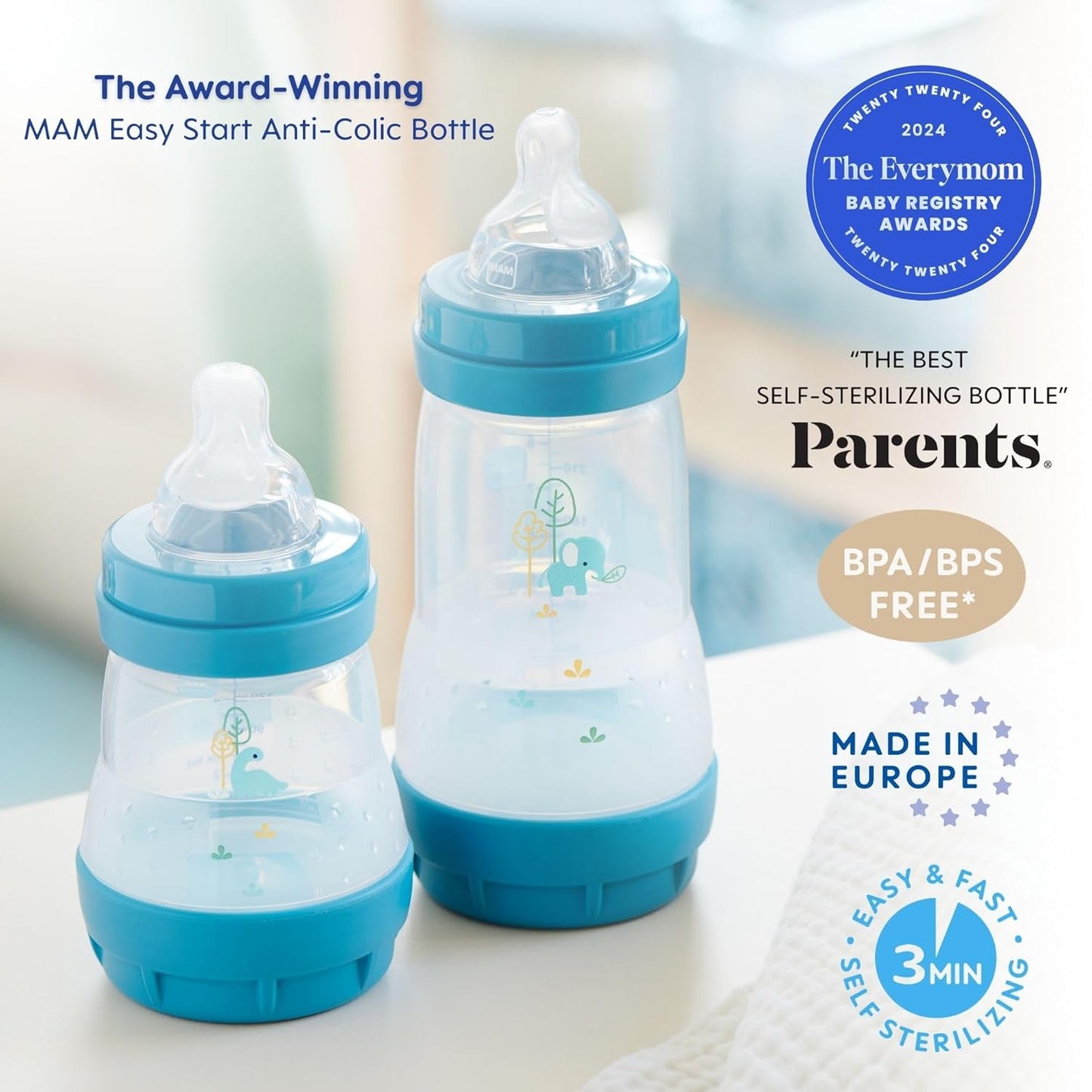 MAM Easy Start Anti-Colic Baby Bottle & Pacifier Set, 5 Self Sterilizing Bottles (3X 5oz, 2X 9oz) & 3 Original Pacifiers 0–16 Months + Extra Nipples, Newborn Feeding Gift Set