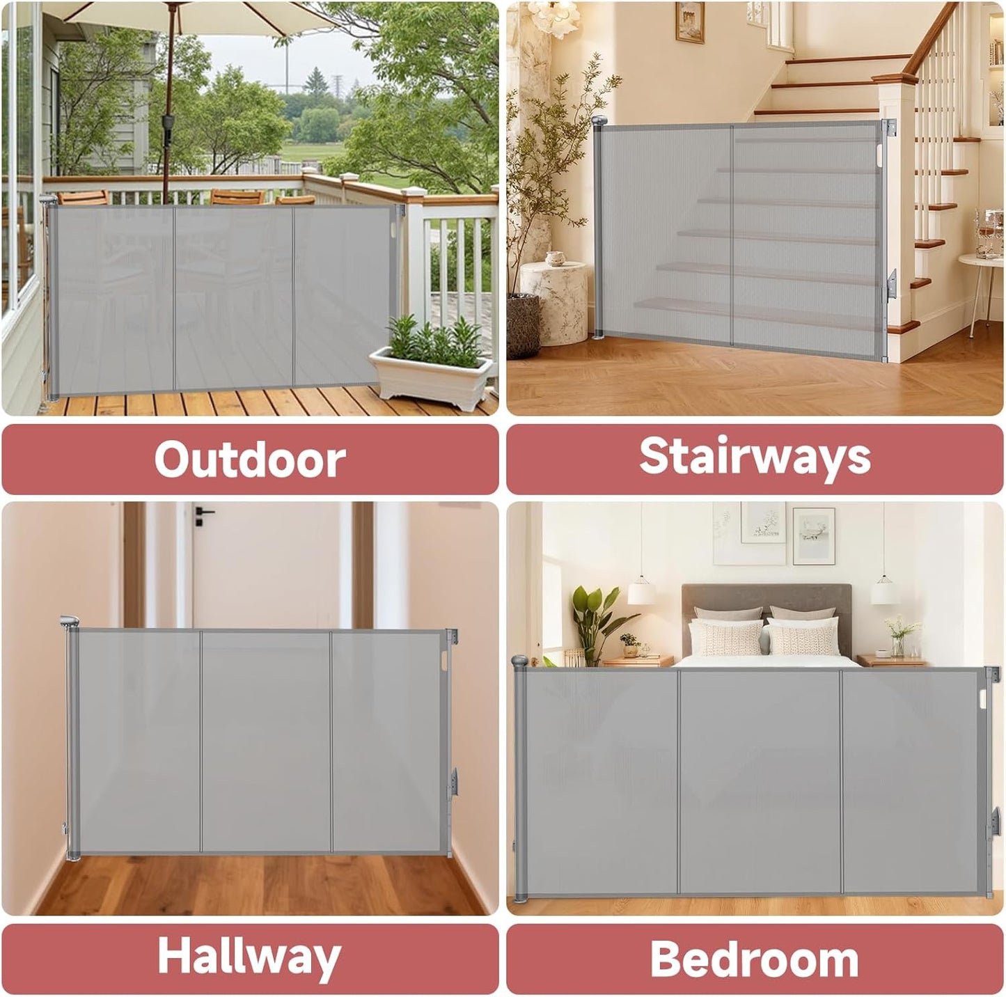 Reinforced Retractable Baby Gate, Extra 38" Tall, Extends up to 63" Wide, Hardwared Installation Mesh Gate for Stairs, Dog Gate, Child Pet Gate for Stairs, Doorways, Hallways, Indoo (Gray)