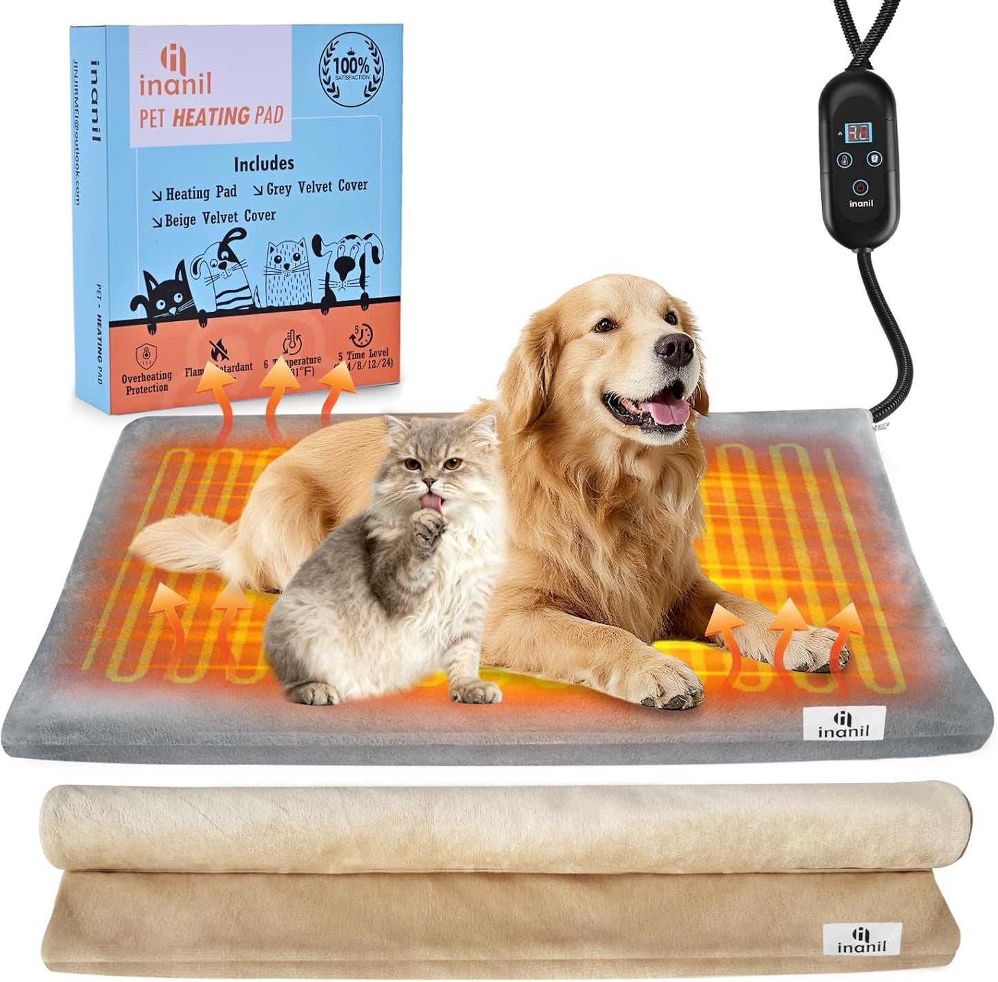 Dog Heated Pad, 6 Adjustable Temperature & 5 Timers, Large Dog Heating Pad, Waterproof Pet Heating Pad for Dogs with Chew-Resistant Cord, Electric Warmer with 2 Removable Covers, 35.4" x 23.6"