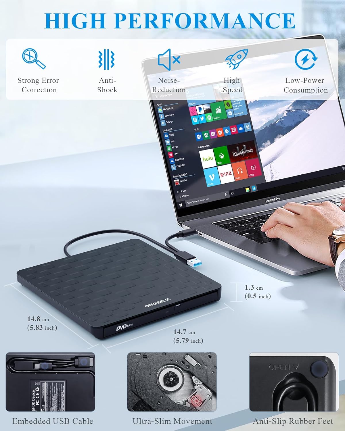 External CD DVD Drive for Laptop, USB 3.0 Type-C Ultra Slim 13mm DVD Player Portable CD DVD +/-RW Drive CD Burner Reader Writer Recorder for Desktop PC Windows 11/10/8/7 Linux Mac OS (Black)